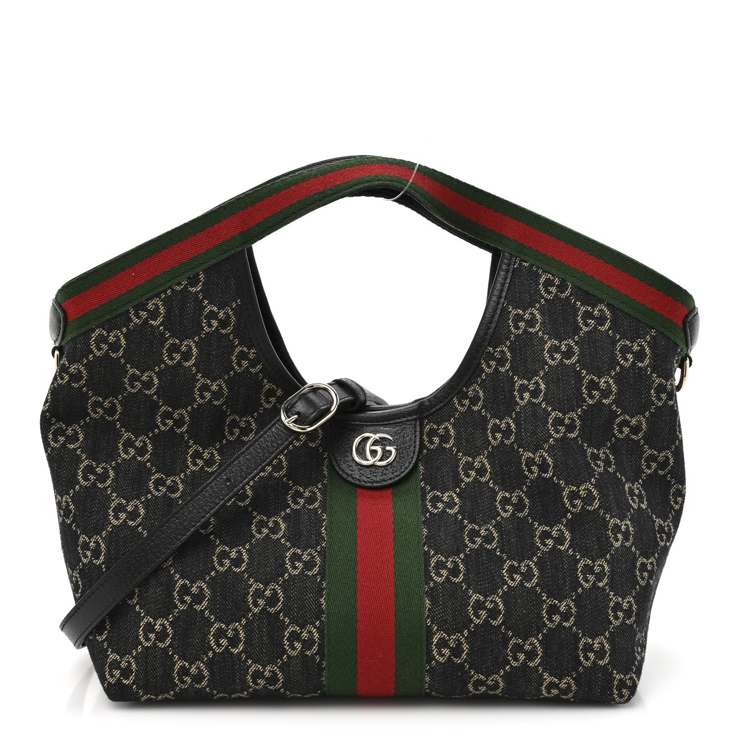 Gucci Denim GG Monogram Web Small Giglio Tote Black Ivory 1836549