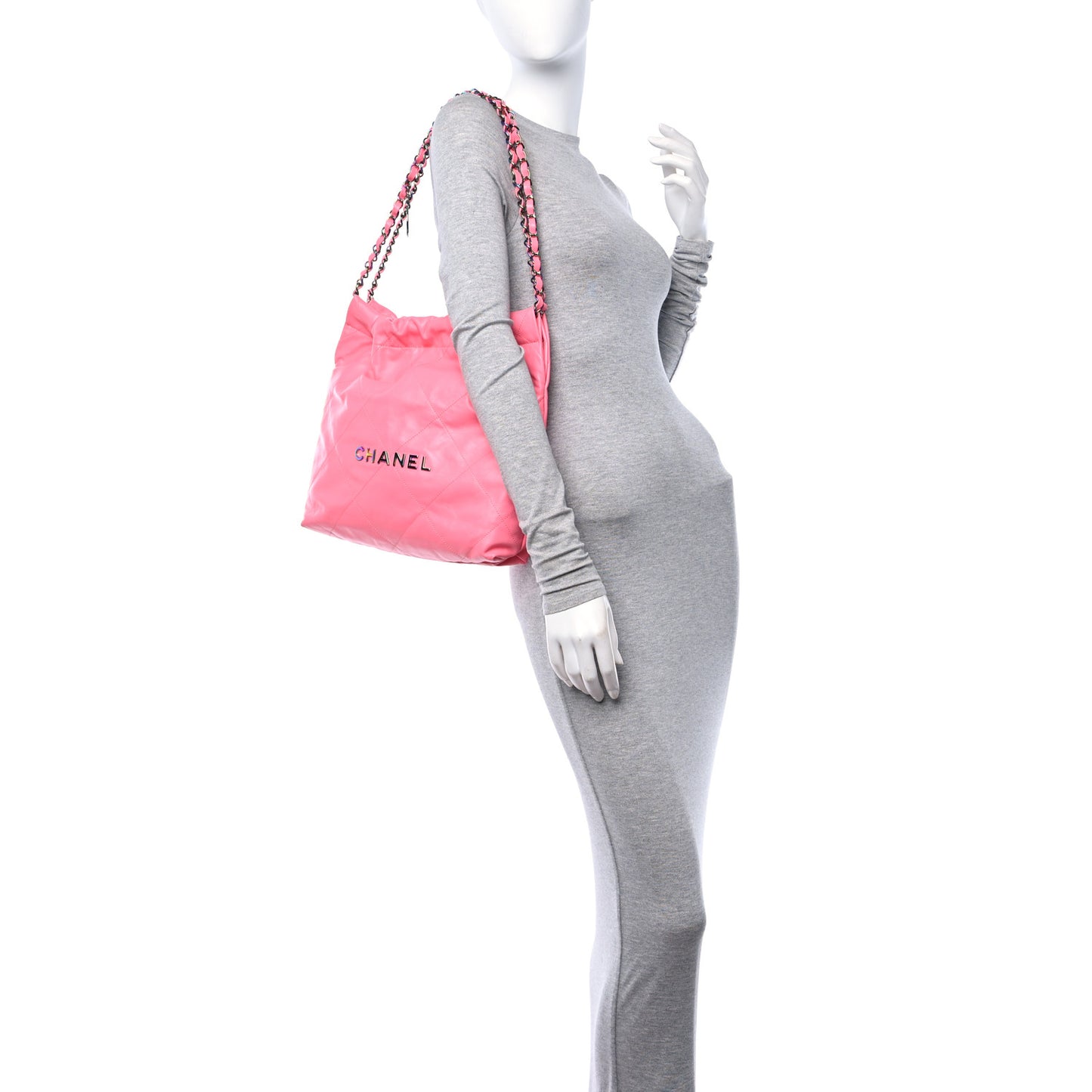 Shiny Calfskin Quilted Small Rainbow Metal Chanel 22 Coral Pink