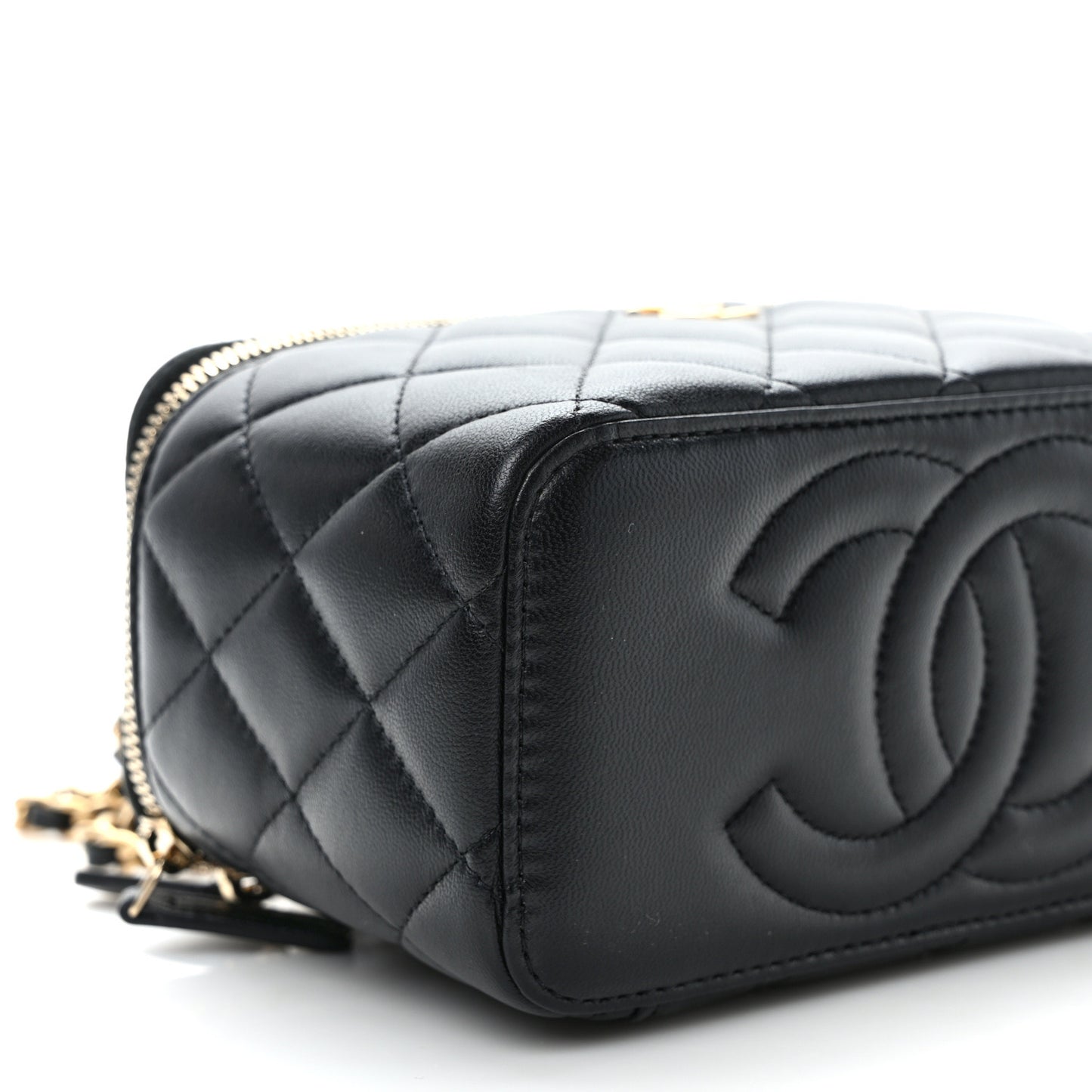 Lambskin Quilted Metal Small Top Handle Vanity Case With Chain Black