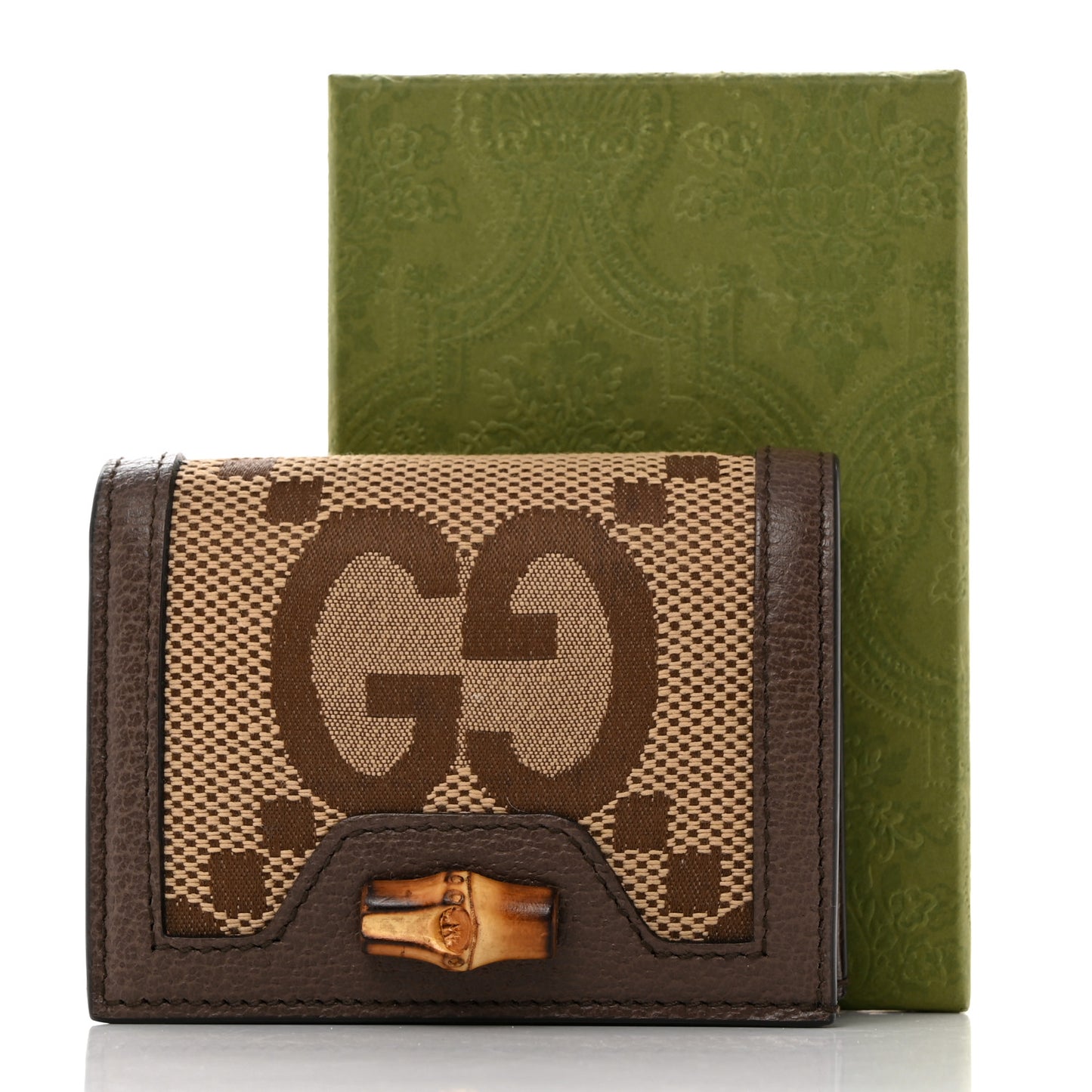 Monogram Jumbo GG Textured Dollar Calfskin Diana Card Case Wallet Camel Ebony New Acero