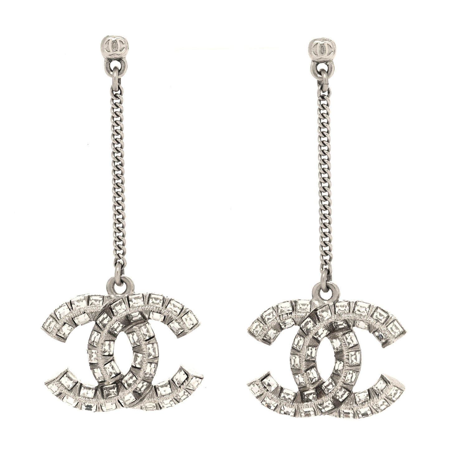 Baguette Crystal CC Drop Earrings Silver