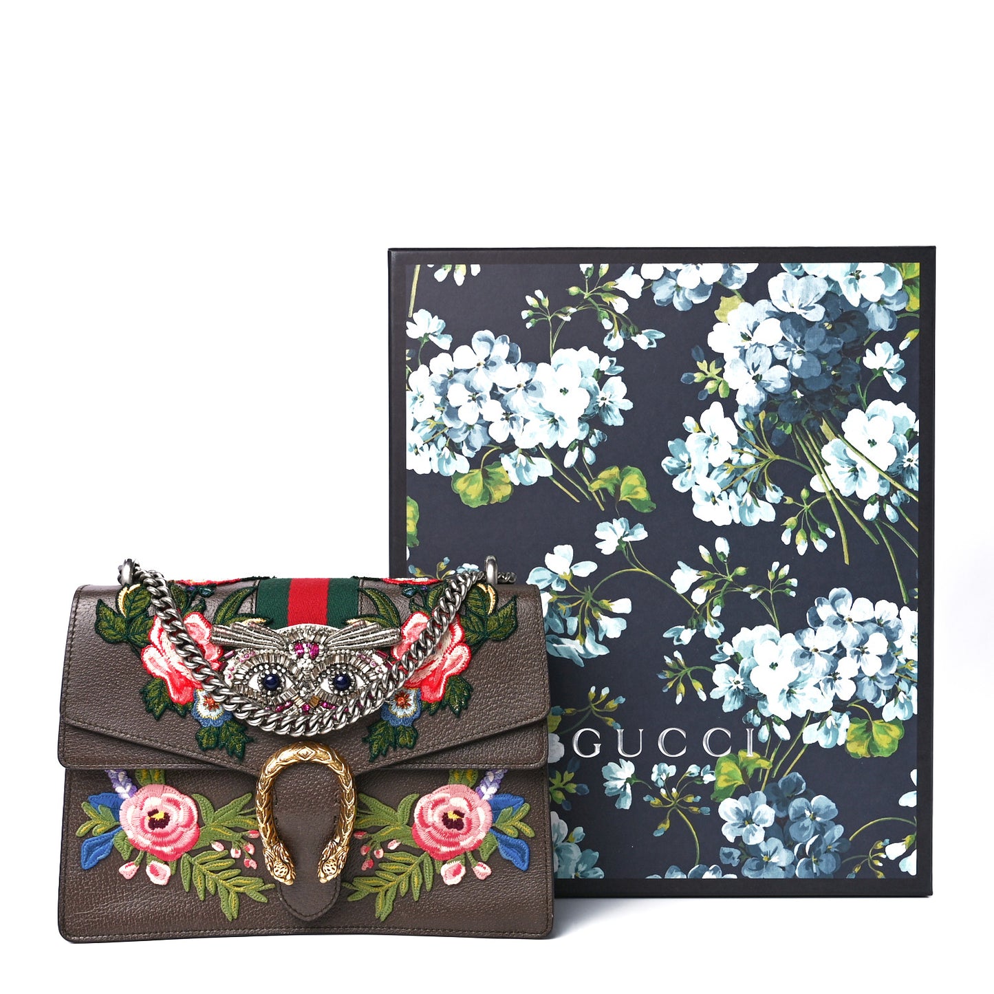 Calfskin Web Owl Embroidered Medium Dionysus Shoulder Bag New Acero Multicolor