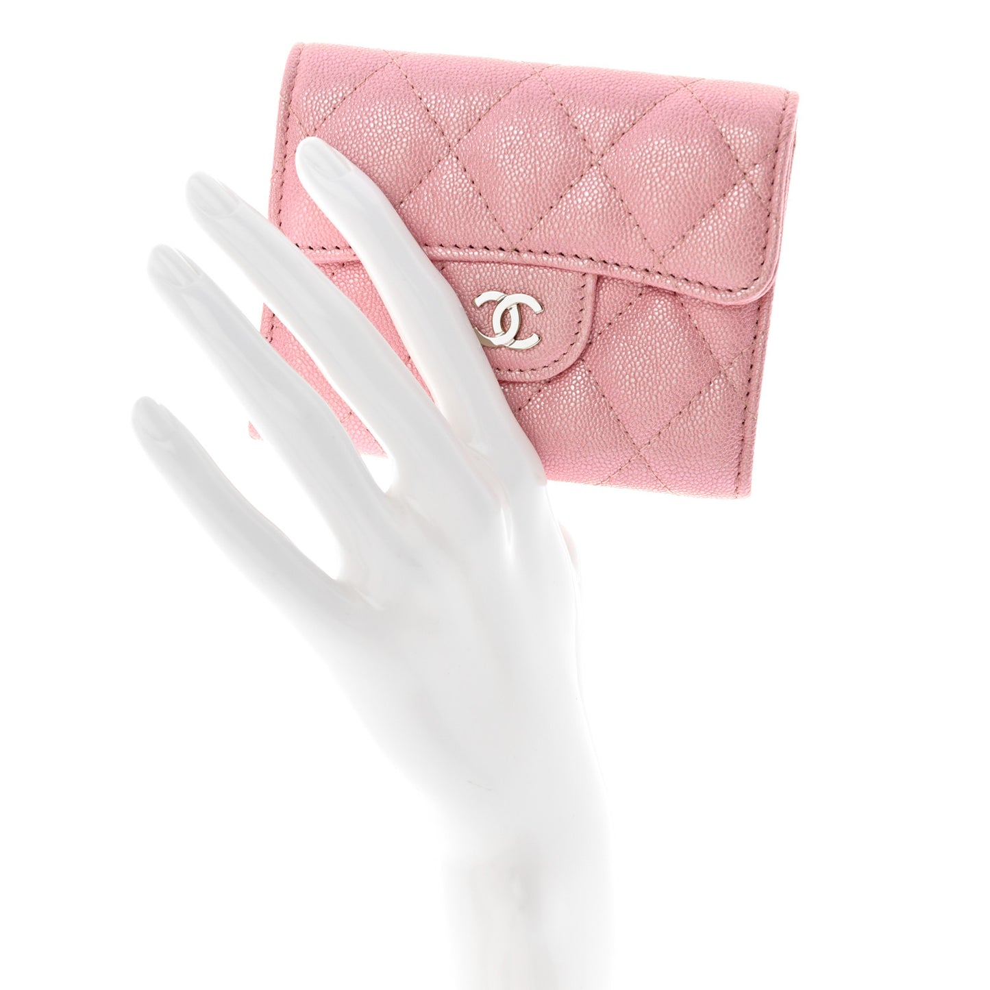 Iridescent Caviar Flap Quilted Card Holder Wallet Pink