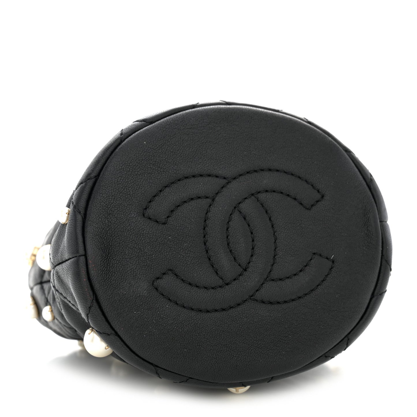 Lambskin Quilted Pearl Mini About Pearls Drawstring Bag Black
