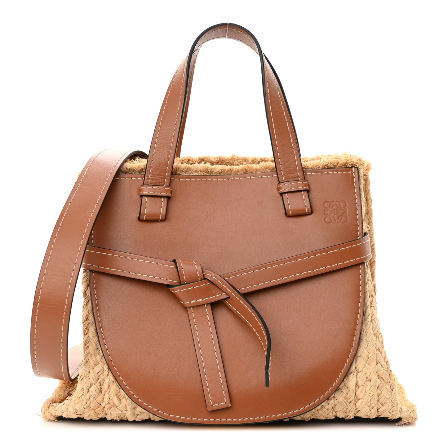 Raffia Calfskin Small Gate Tote Tan Naturel