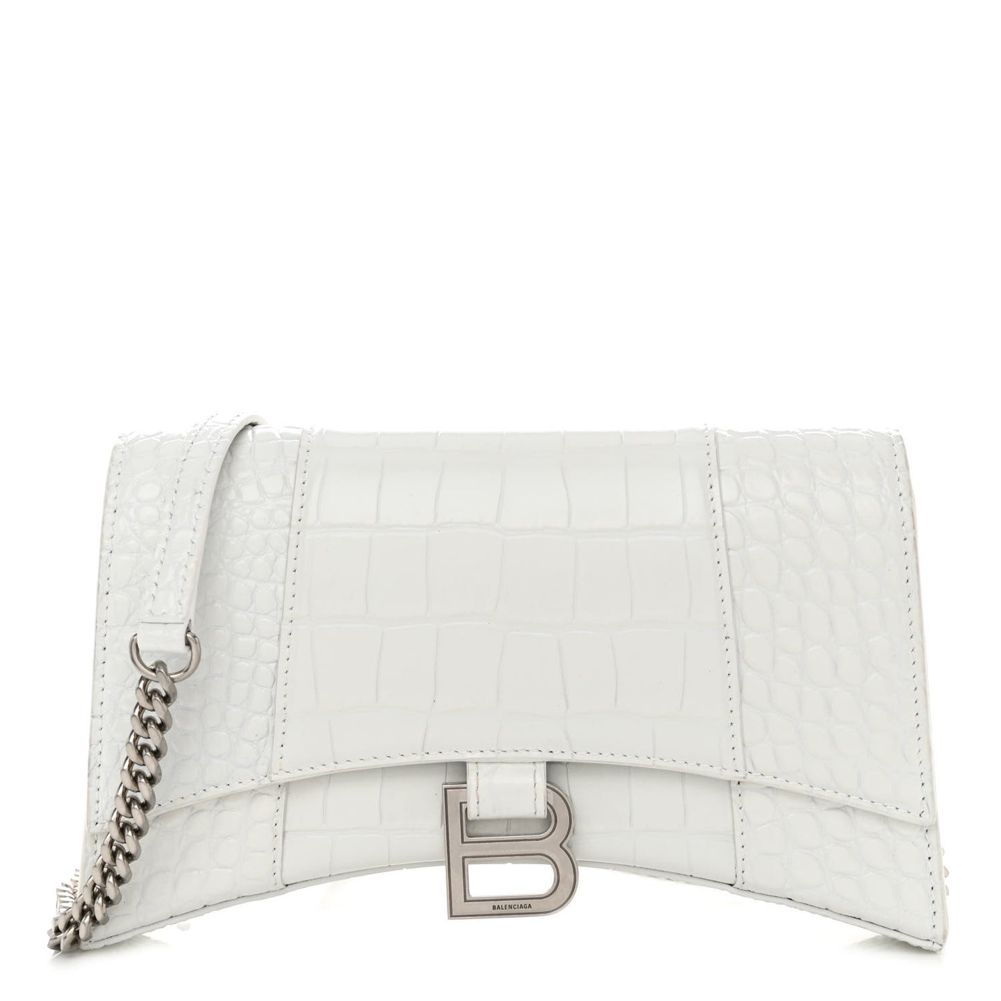 Shiny Calfskin Crocodile Embossed Small Hourglass Evening Chain Bag White