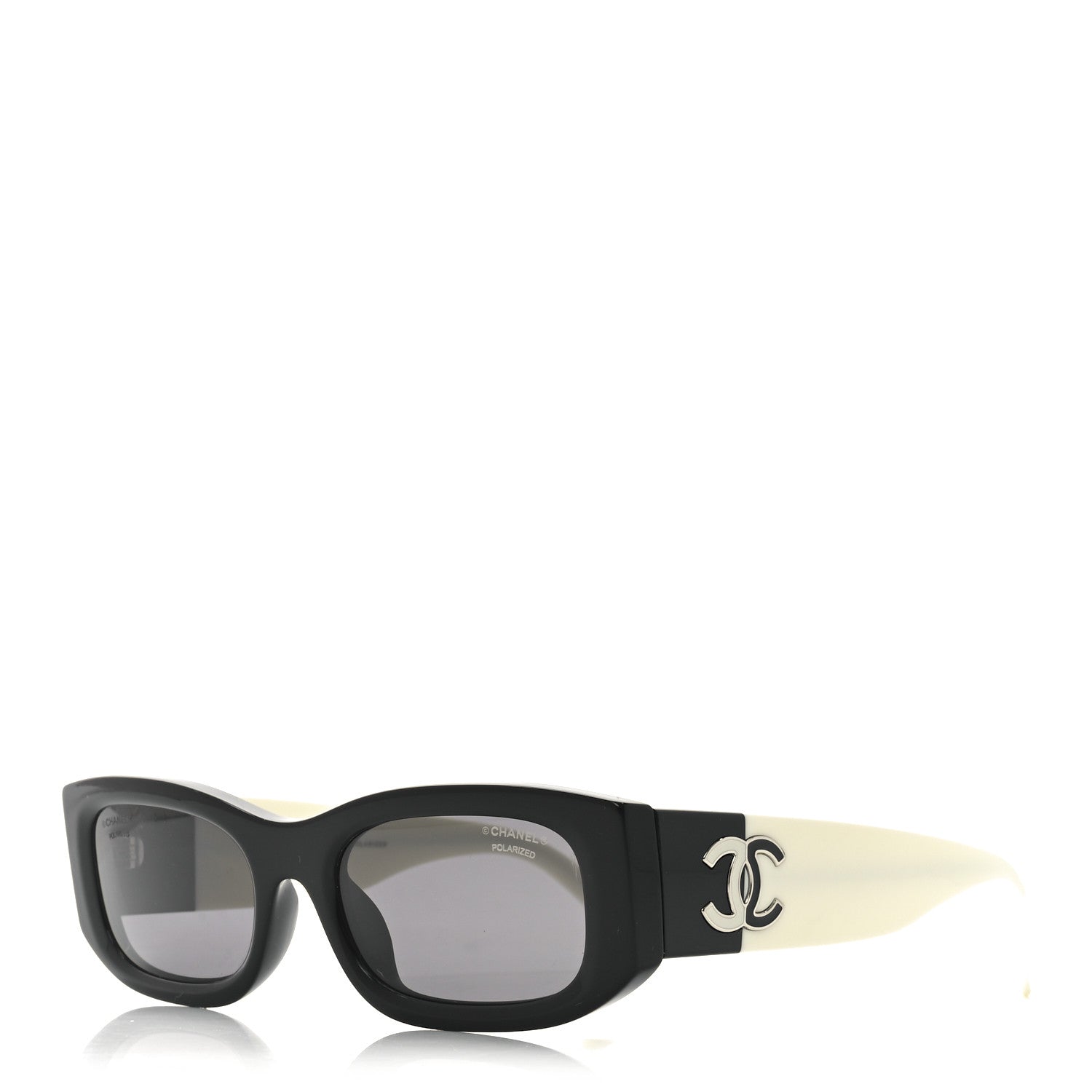 CHANEL White and Black Polarized Sunglasses Chanel Polarized Rectangle Sunglasses Black White CC Logo  main image 2