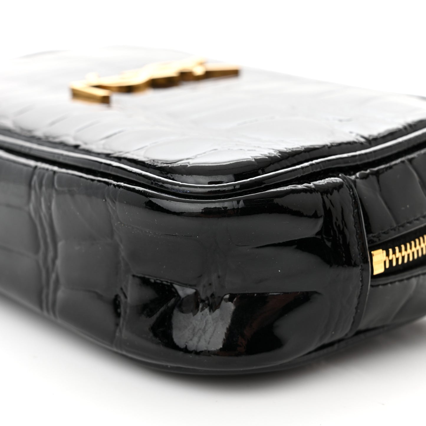 Patent Calfskin Crocodile Embossed Monogram Mini Lou Camera Bag Black