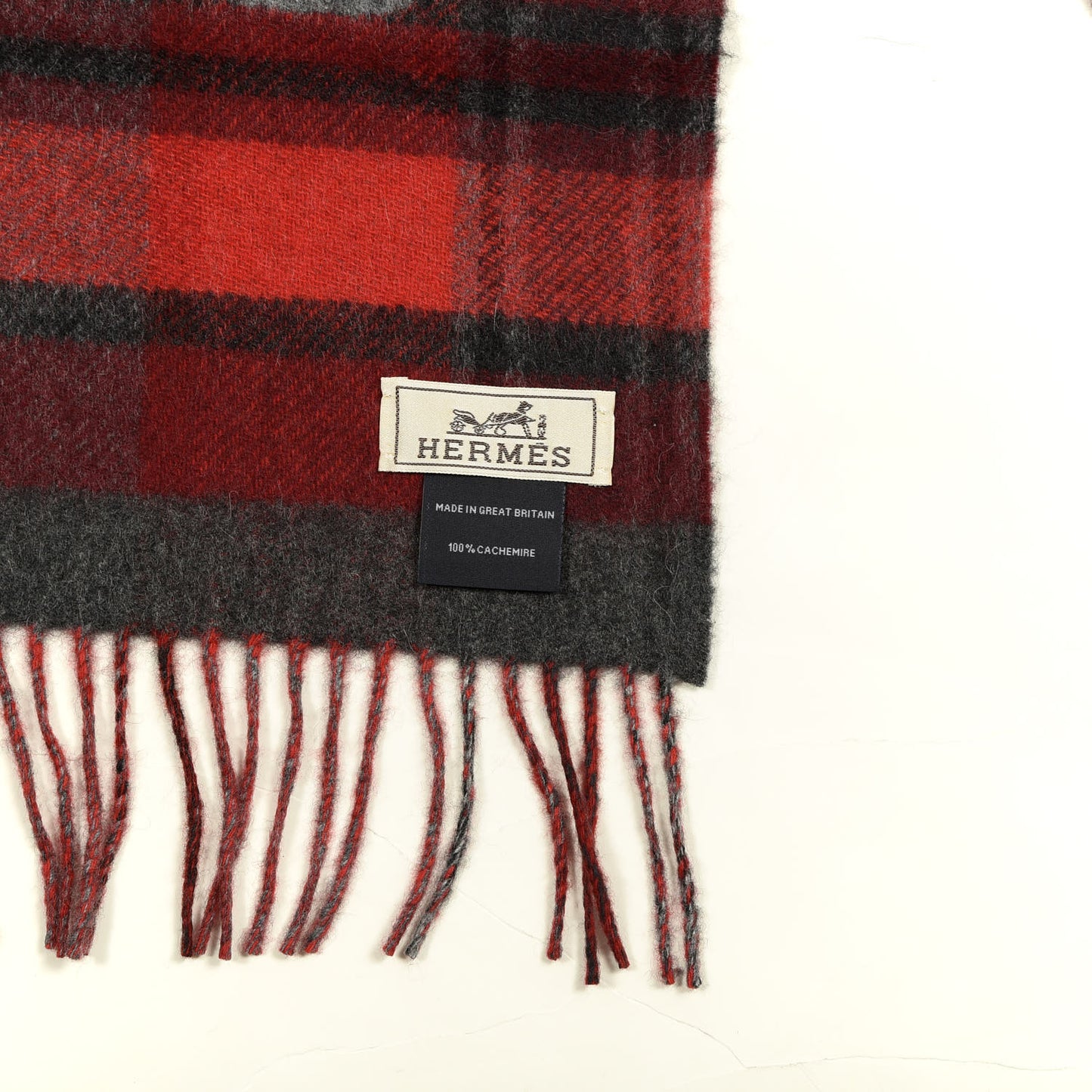 Cashmere HER-MES Tartan Muffler Rouge Vif Bordeaux Gris Anthracite