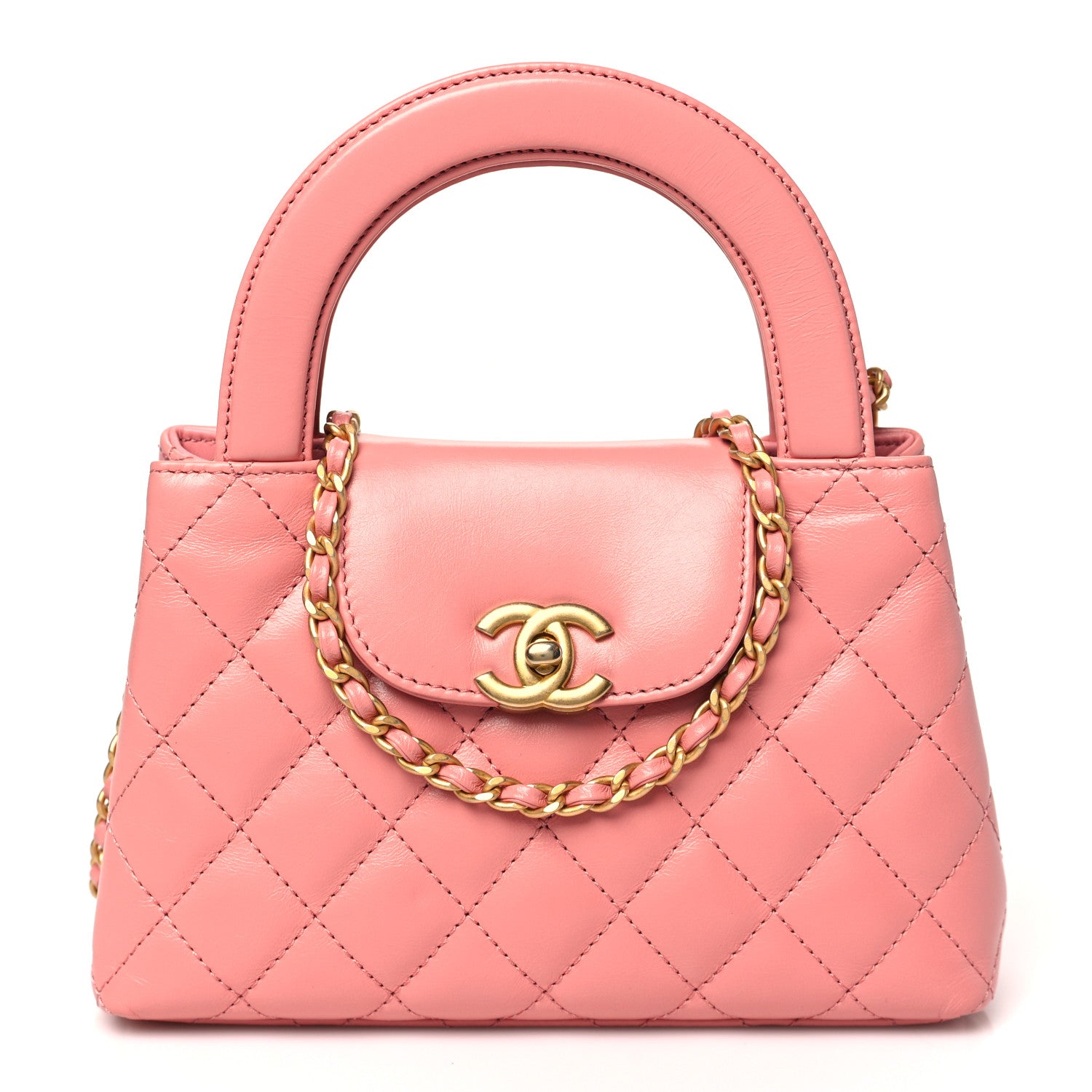 CHANELキルティングハンドバッグ Chanel Shiny Aged Calfskin Quilted Nano Kelly Shopper Coral Pink