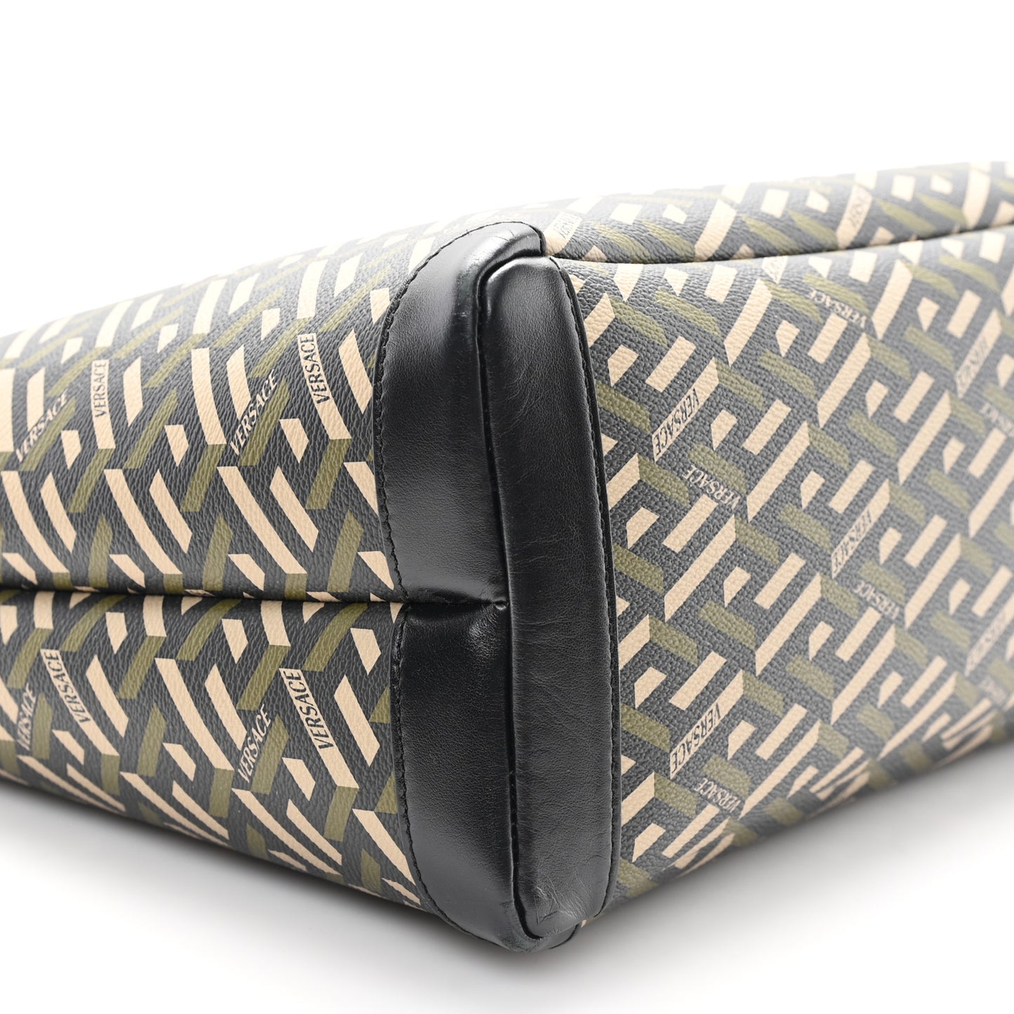 Canvas Calfskin Monogram La Greca Medusa Tote Black Khaki