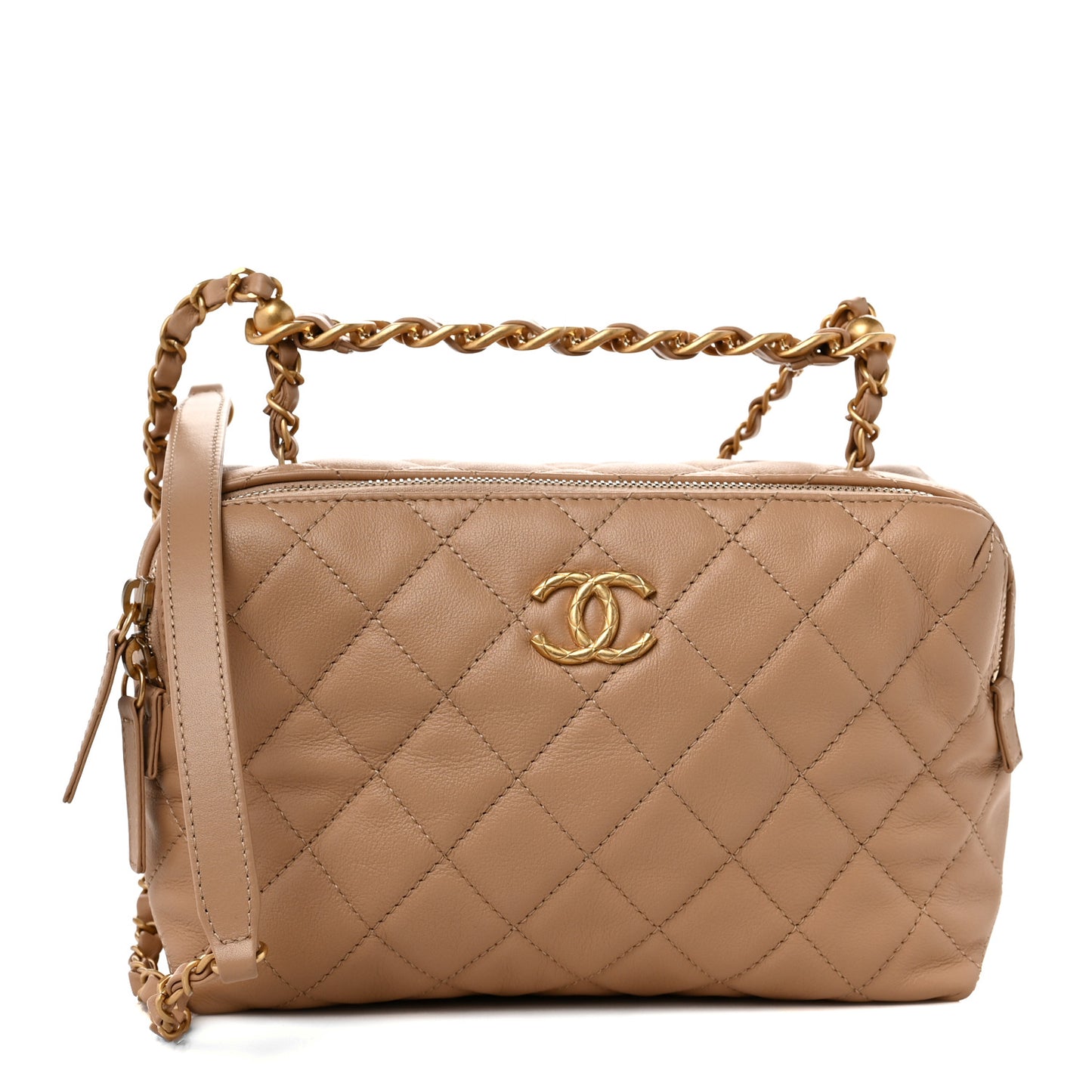 Calfskin Quilted Small Bowling Bag Beige