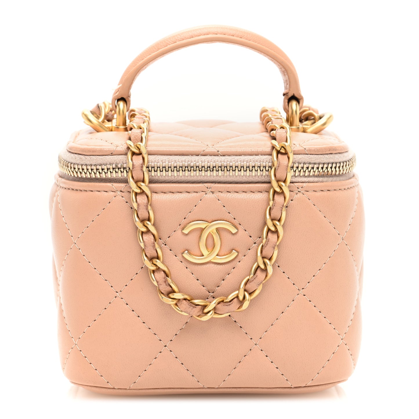 Lambskin Quilted Top Handle Mini Vanity Case With Chain Beige