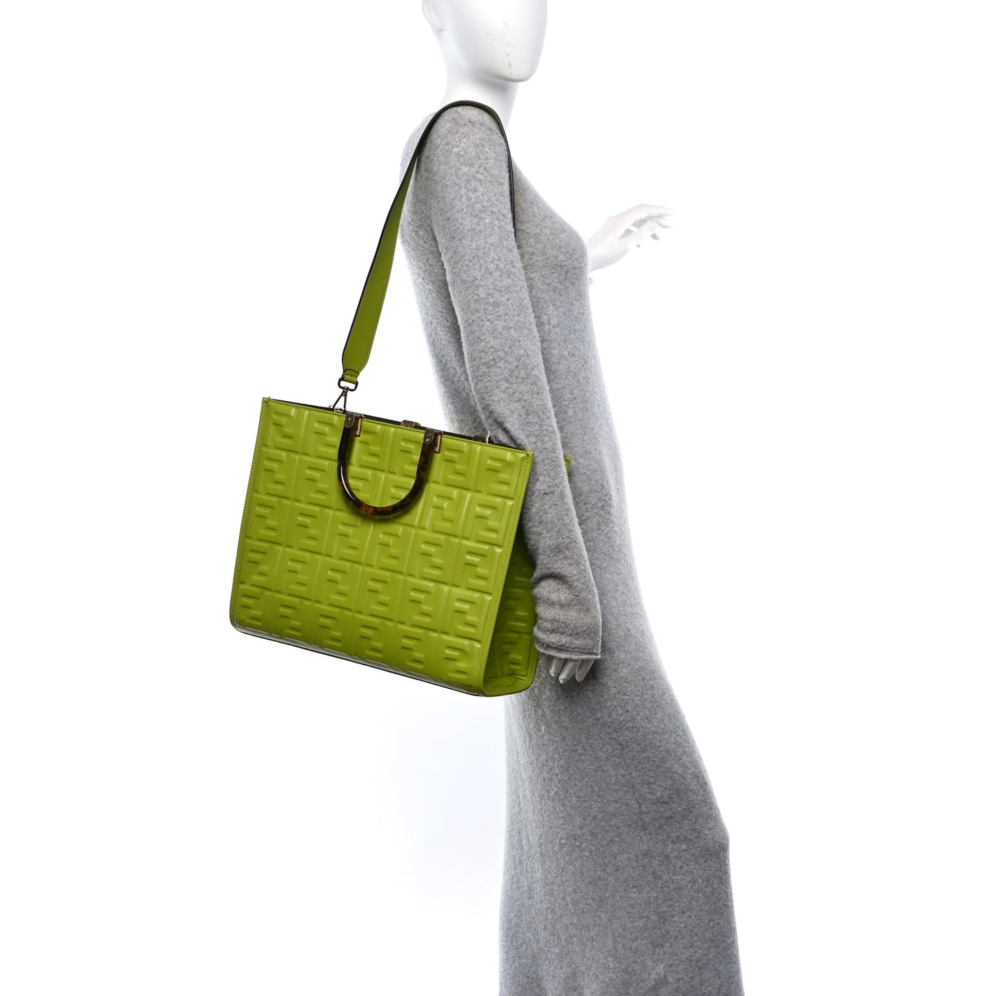 Vitello Plexiglass FF Embossed Medium Fendi Sunshine Shopper Tote Wasabi