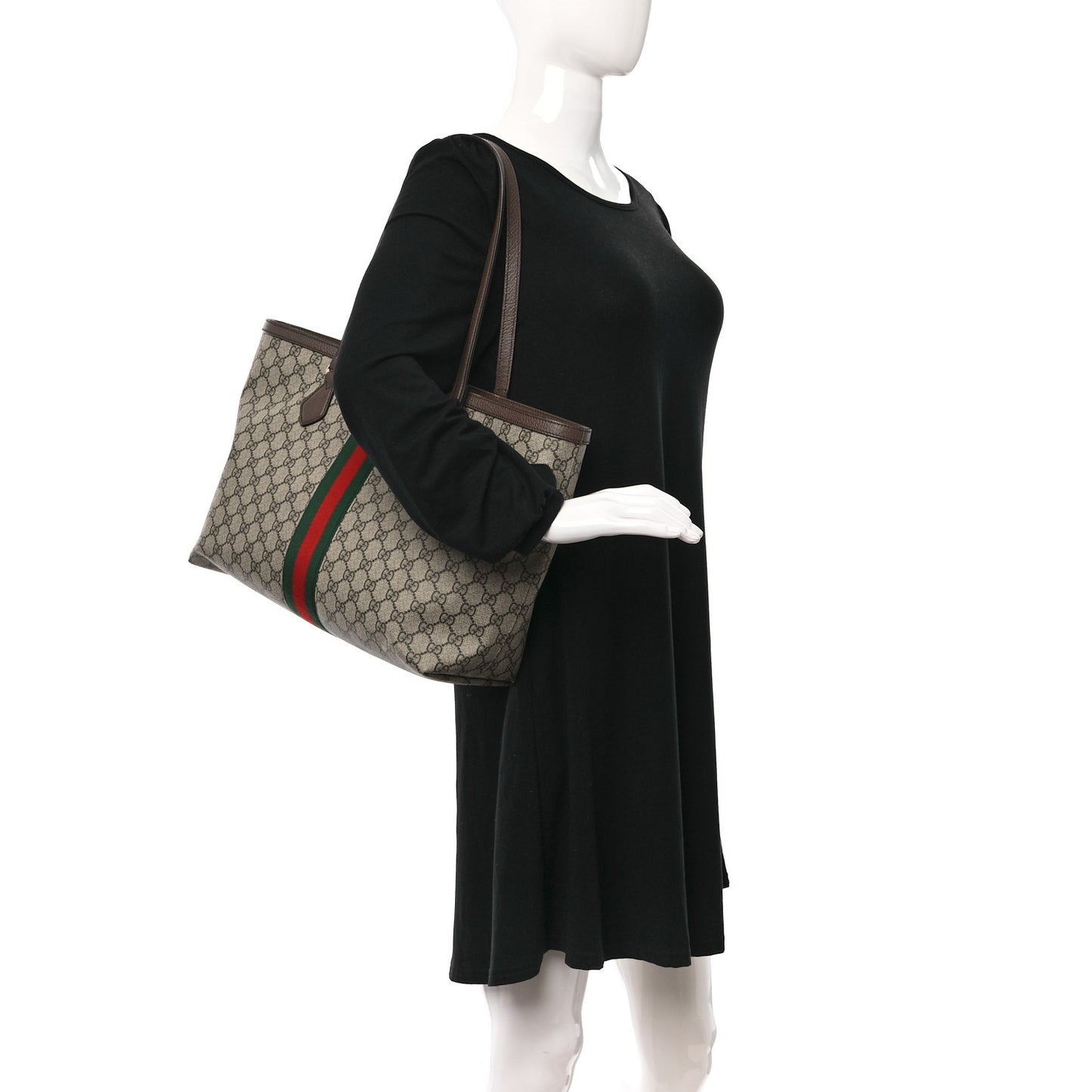 GG Supreme Monogram Textured Calfskin Web Medium Ophidia Shopping Tote Beige Ebony New Acero