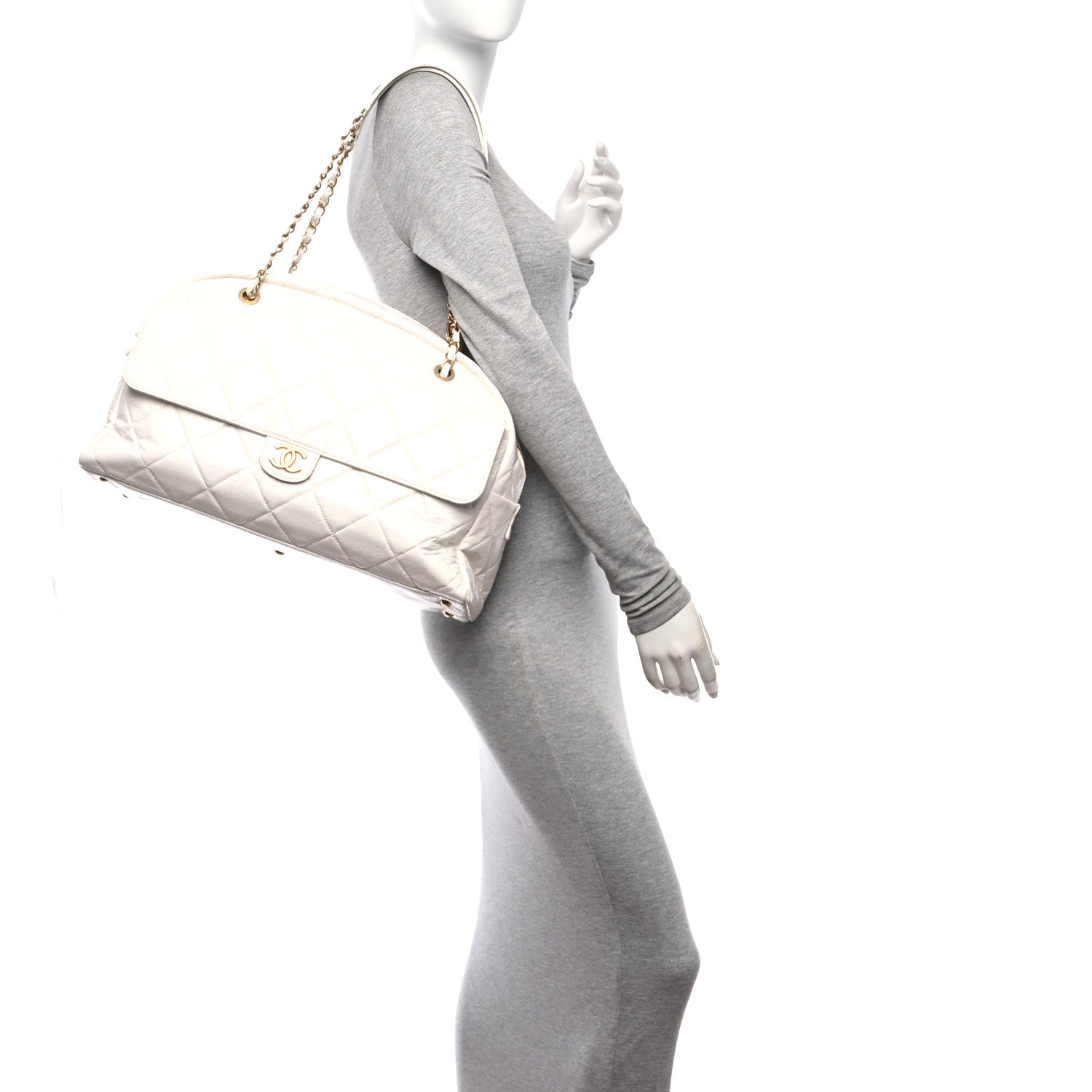 Chanel Shiny Crumpled Calfskin Quilted Large Bowling Bag White 3 of 13