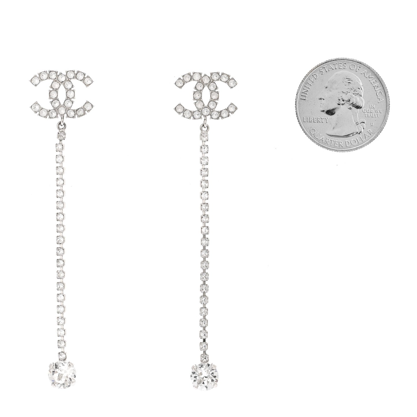 Metal Baguette Round Crystal CC Drop Long Earrings Silver