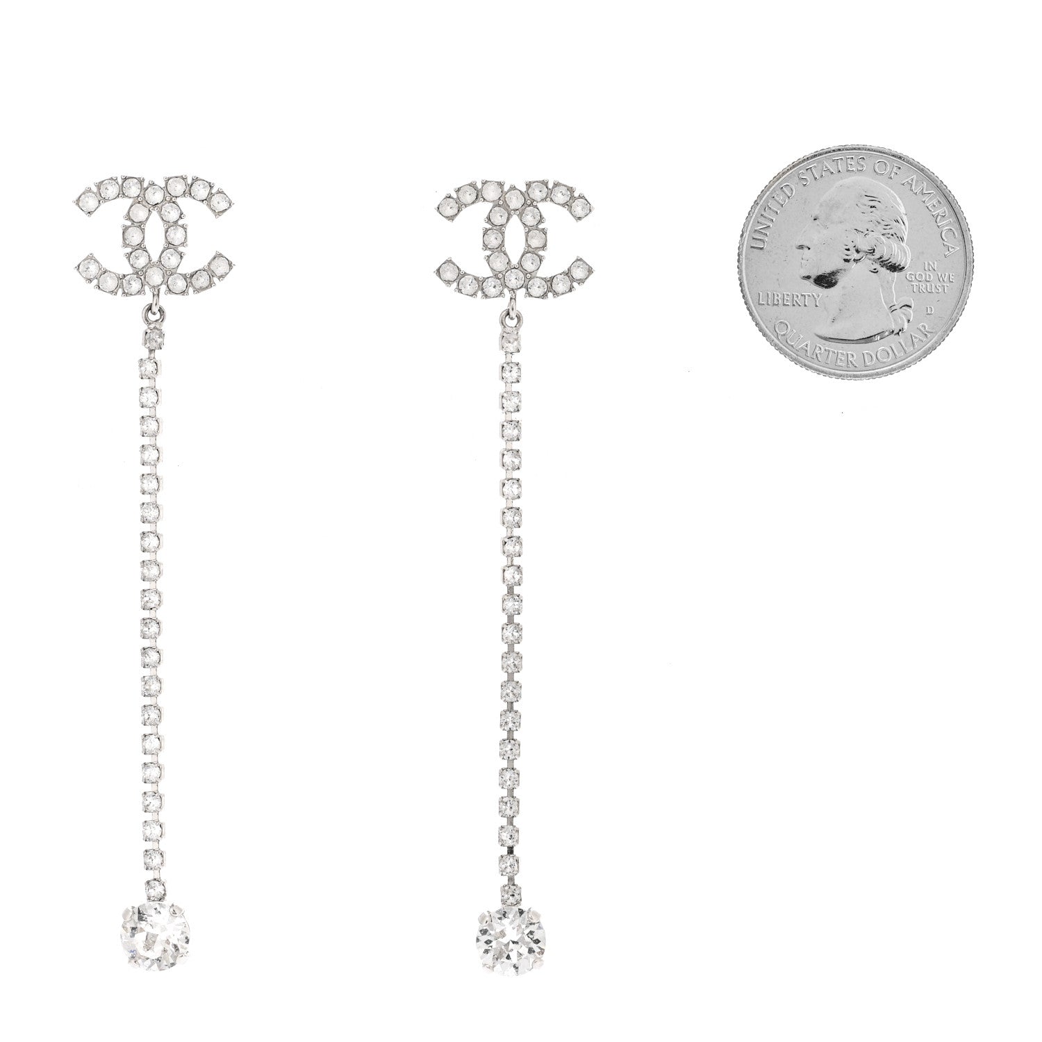 Chanel Metal Baguette Round Crystal CC Drop Long Earrings Silver 2 of 4