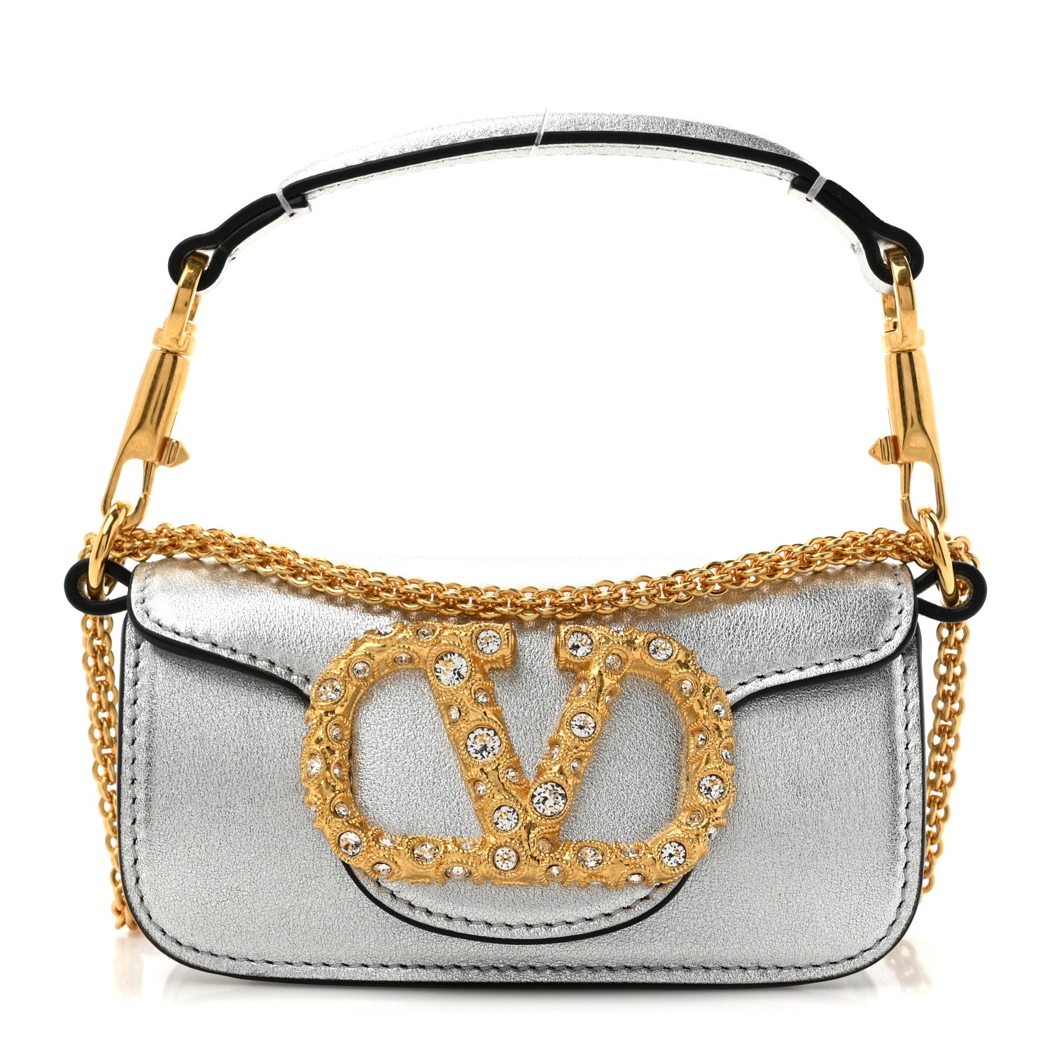 Valentino Garavani Laminated Calfskin Crystal Vlogo Micro Loco Shoulder Bag Silver Crystal 1 of 10