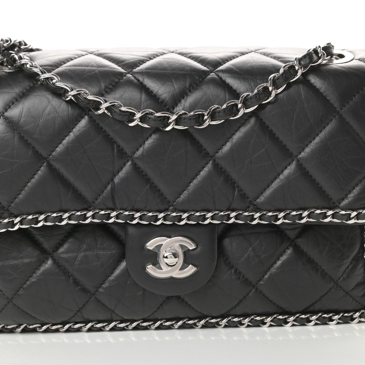 Crumpled Calfskin Medium Chain All Over Flap Black
