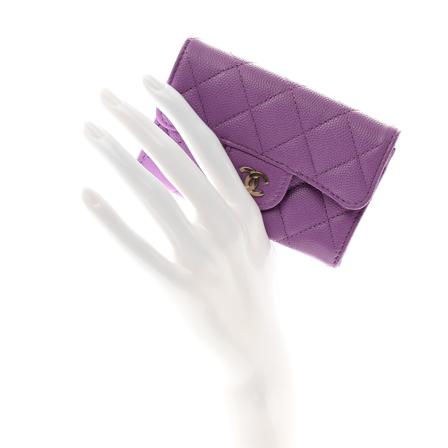 Caviar Quilted Flap Card Holder Wallet Purple