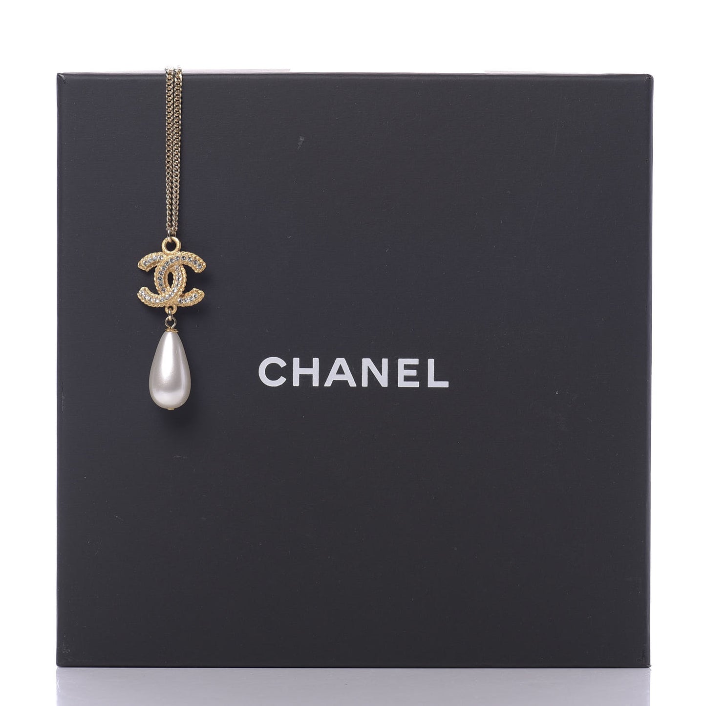 Pearl Crystal CC Drop Necklace Gold