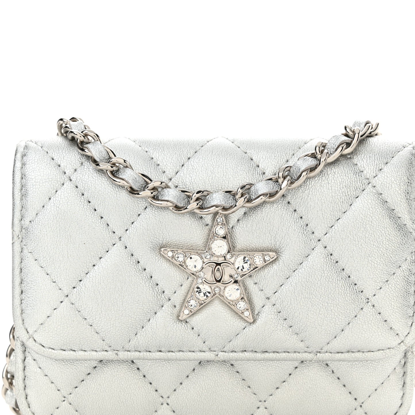 Metallic Lambskin Crystal Quilted Star Chain Belt Bag Silver