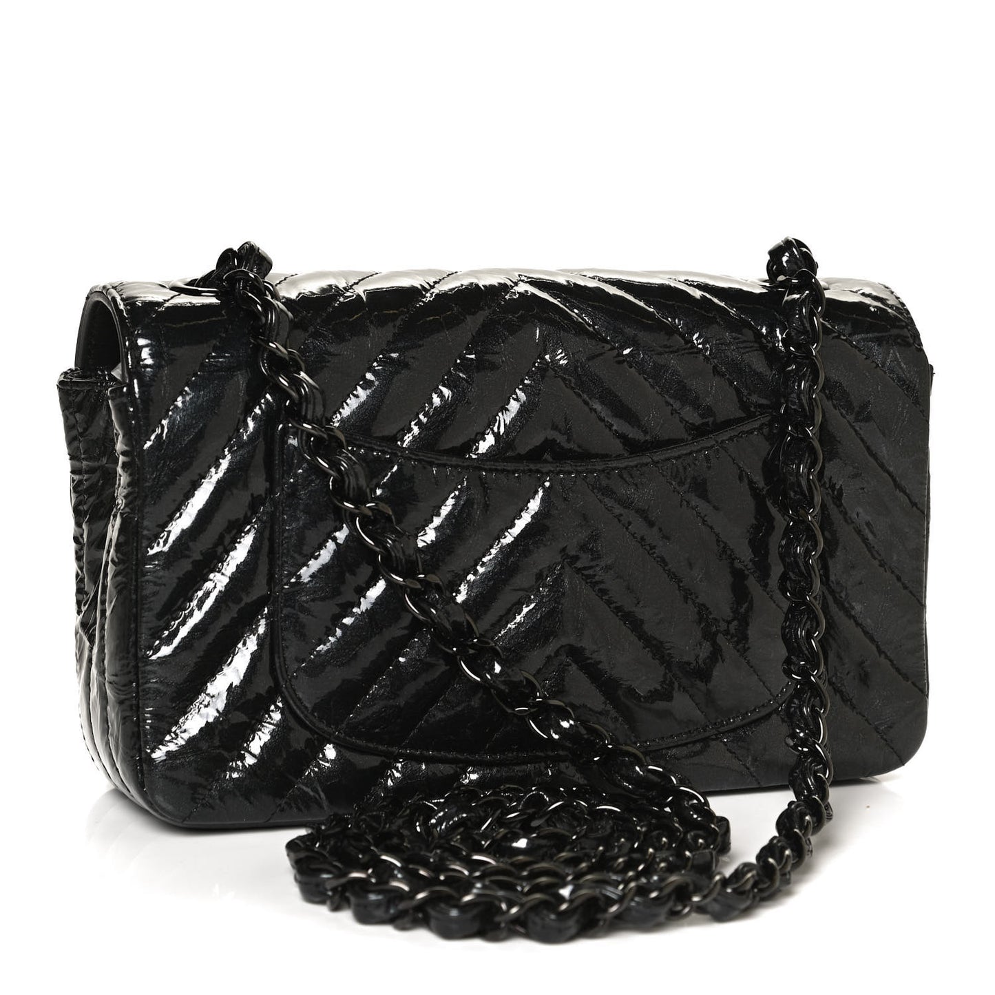 Patent Metallic Crumpled Calfskin Chevron Quilted Mini Rectangular Flap So Black