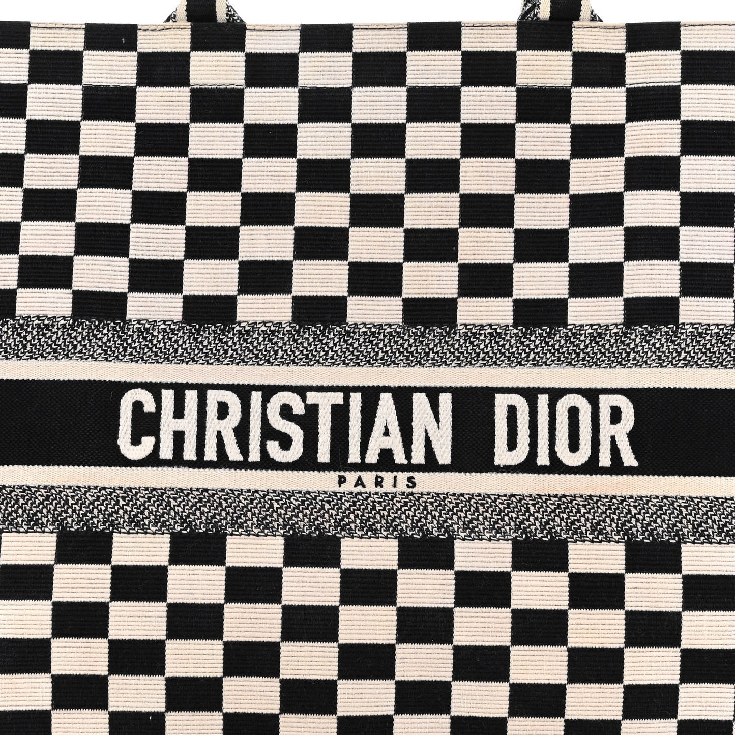 Canvas Embroidered Checkered Book Tote Black White