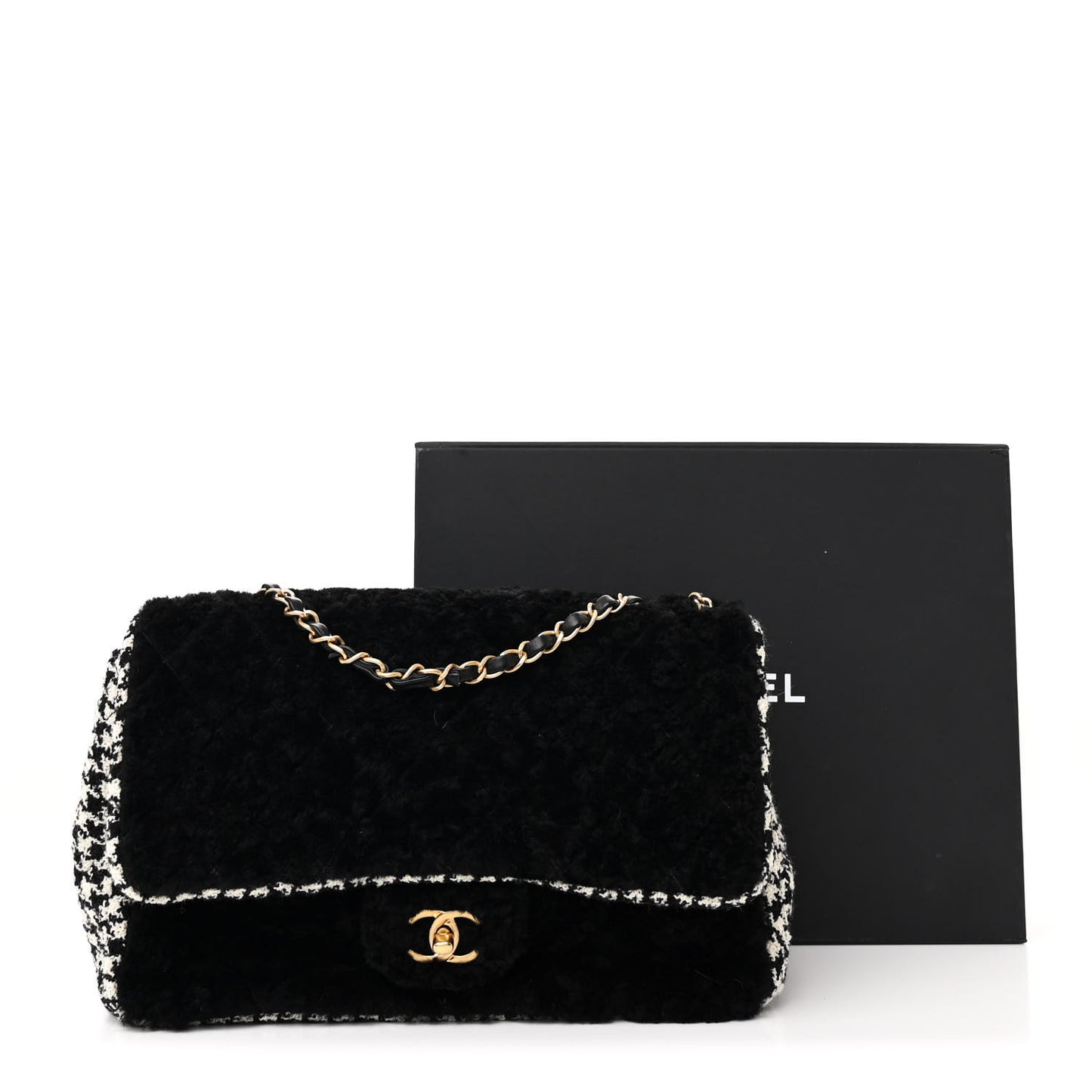 Shearling Tweed Jumbo Single Flap Black White