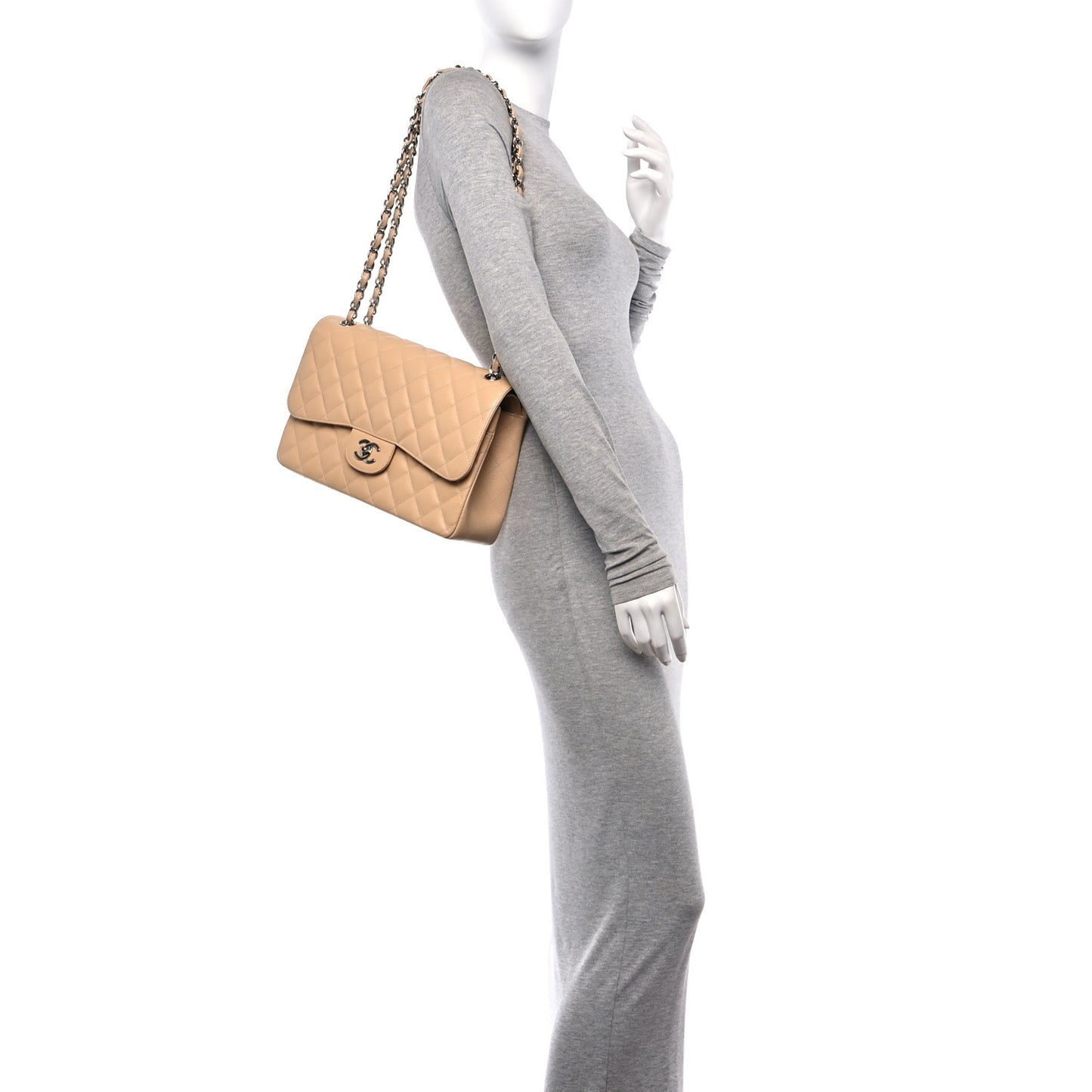 Caviar Quilted Jumbo Double Flap Beige