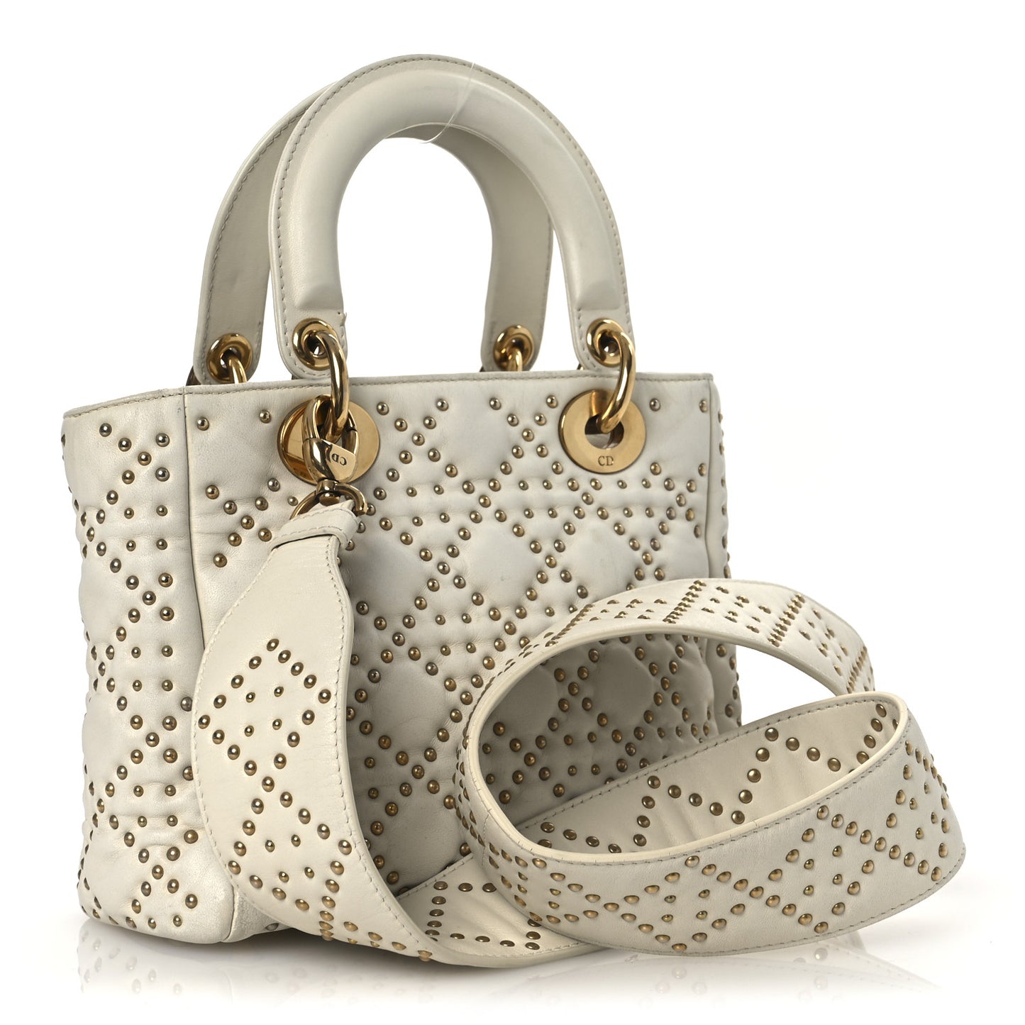 Calfskin Cannage Studded Small Supple Lady Dior White