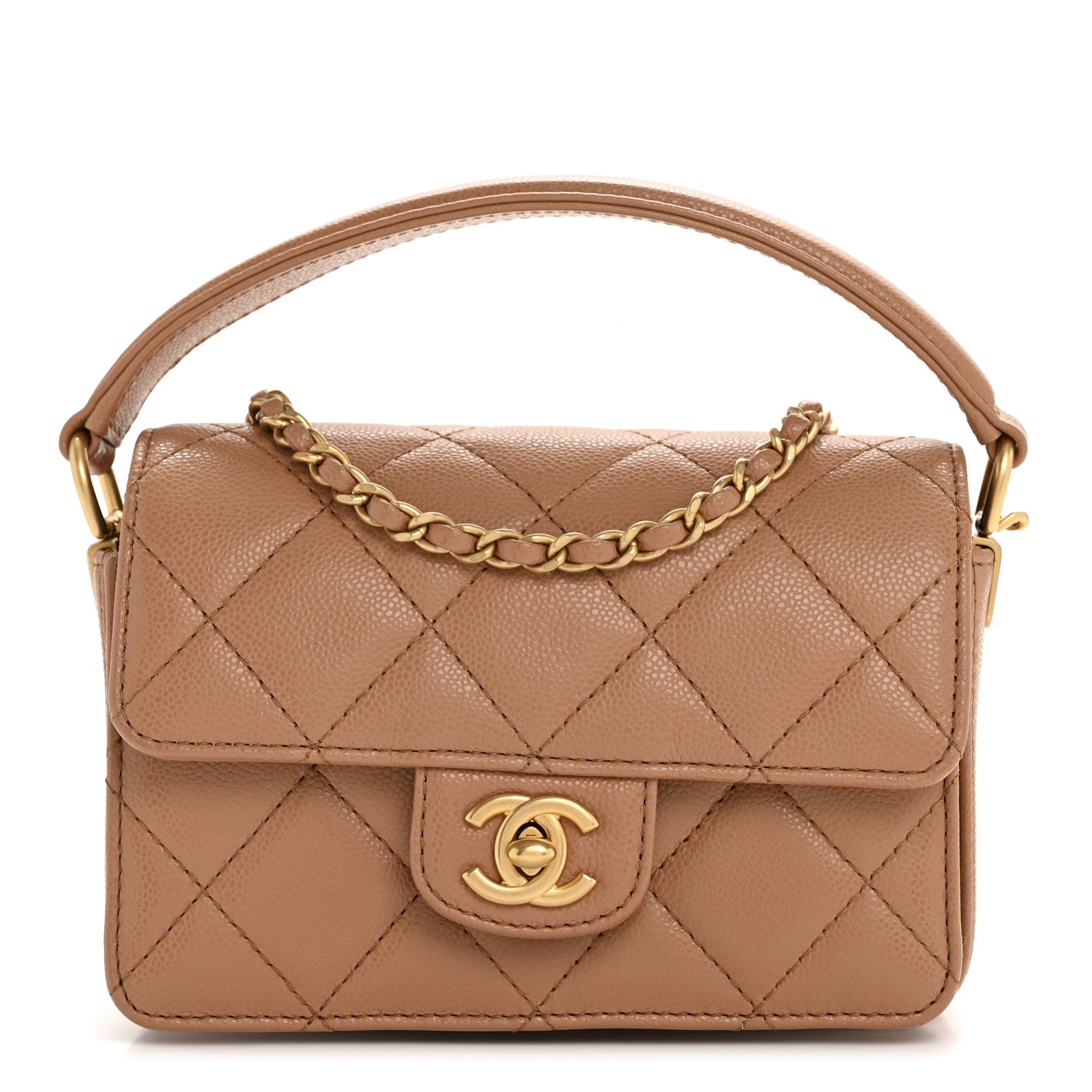 Chanel Shiny Caviar Quilted Mini Top Handle Flap Bag Camel 1774995
