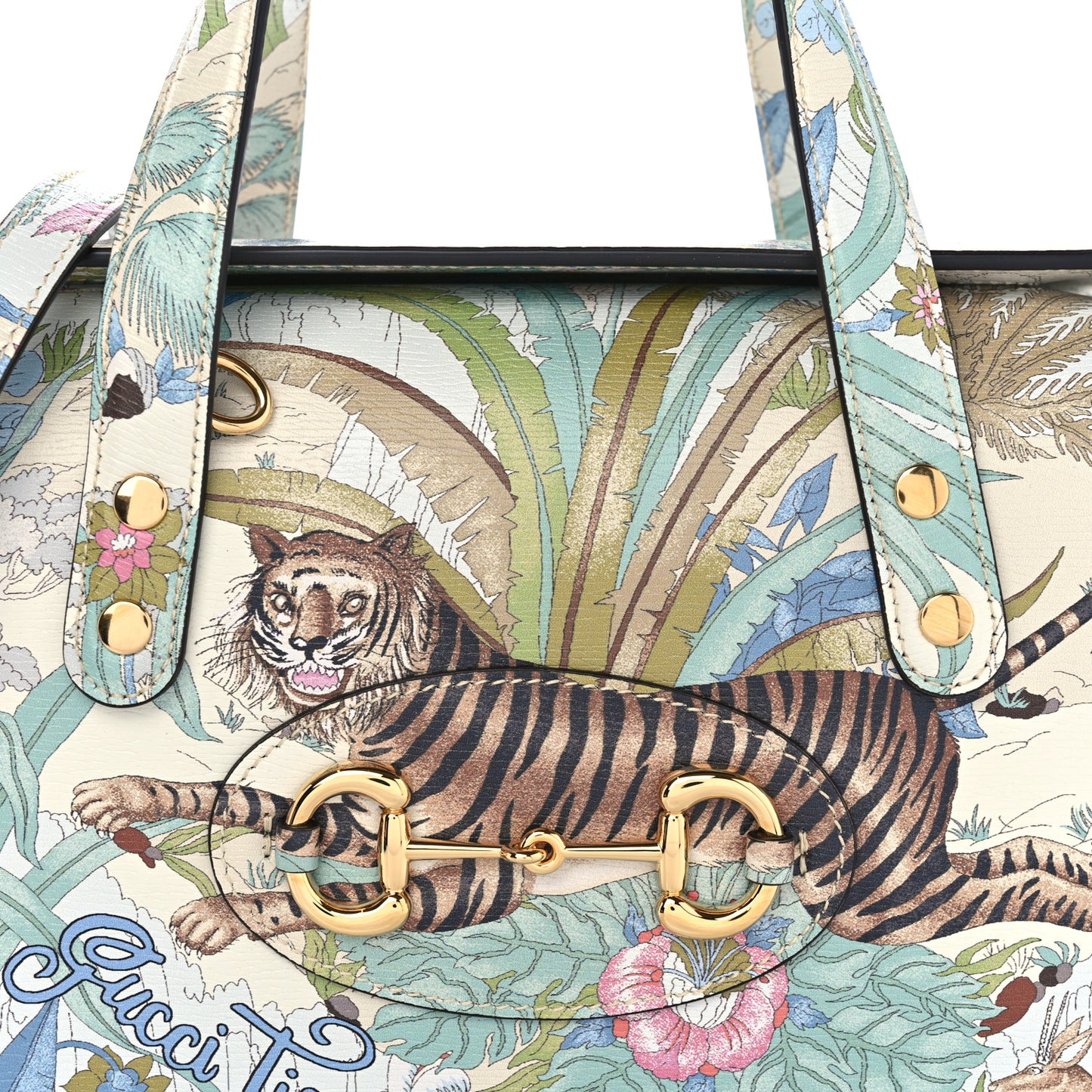 New Shangai Calfskin Tiger Savanah Mini Horsebit 1955 Foldover Top Handle Bag Chalky White Multicolor