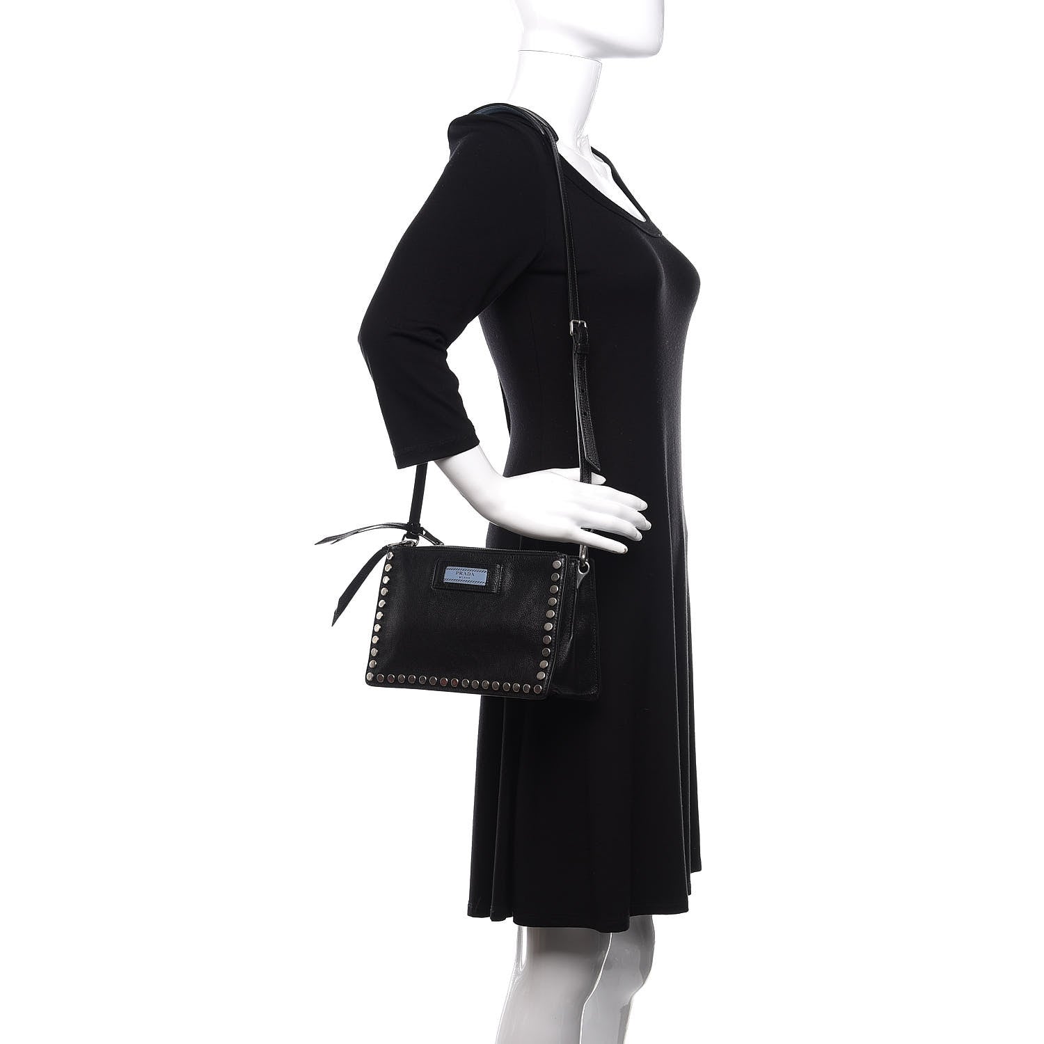 Prada Glace Calfskin Studded Etiquette Shoulder Bag Black 2 of 9