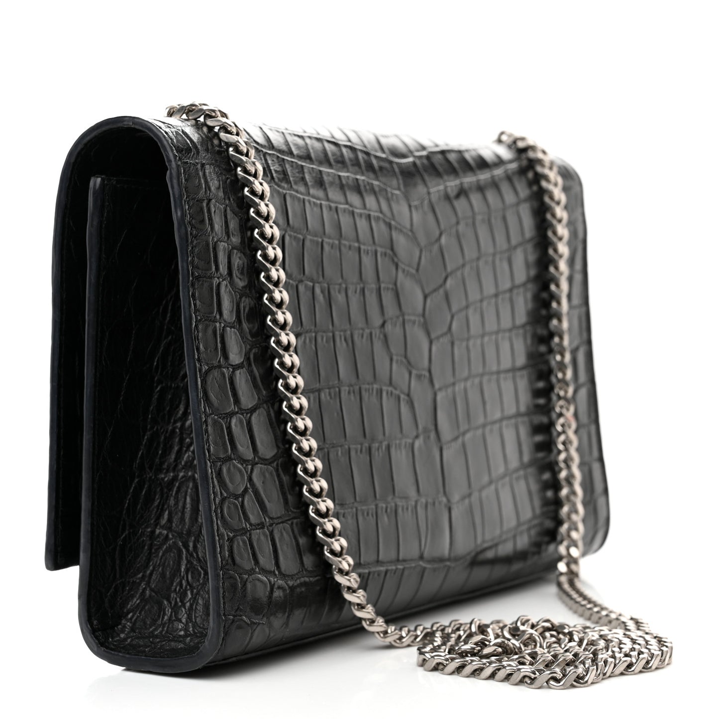 Calfskin Crocodile Embossed Small Classic Monogram Kate Tassel Satchel Black
