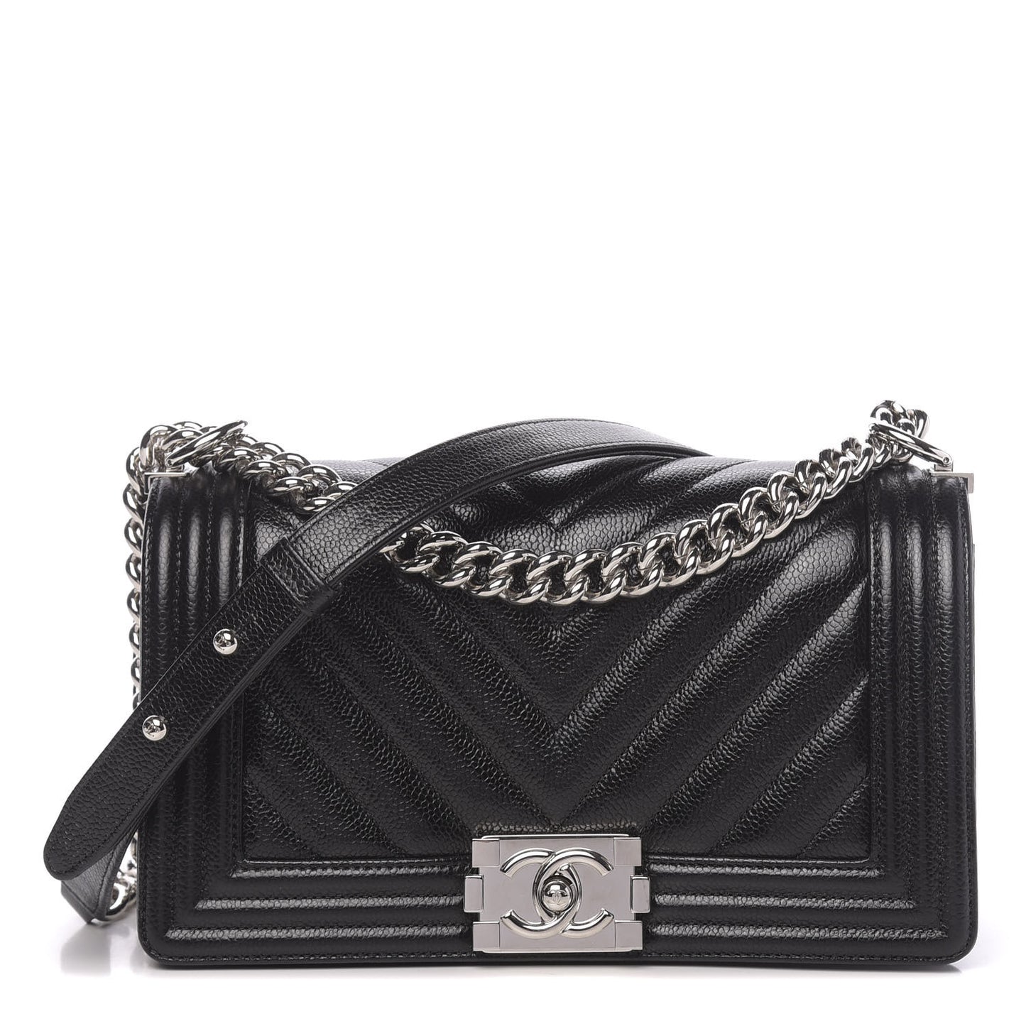 Caviar Chevron Quilted Medium Boy Flap Black