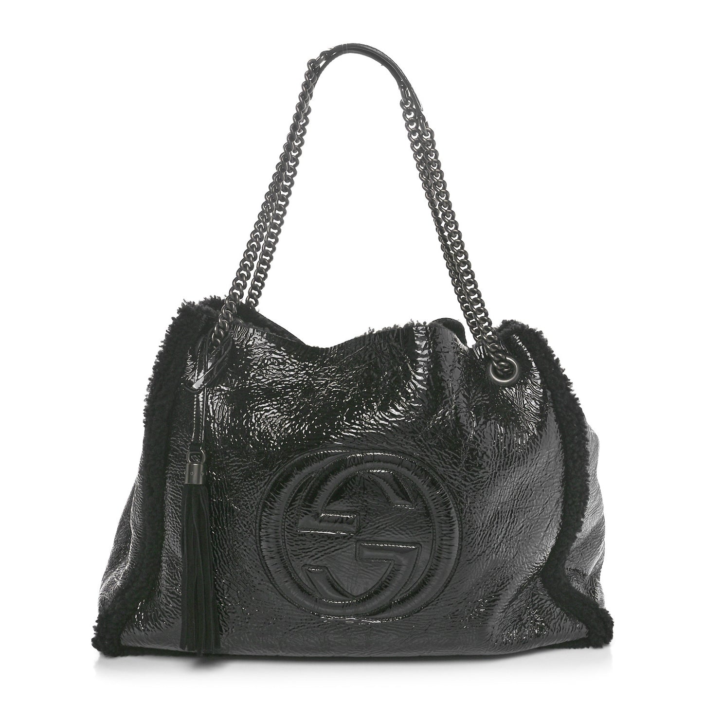 Patent Shearling Large Soho Chain Shoulder Bag Black