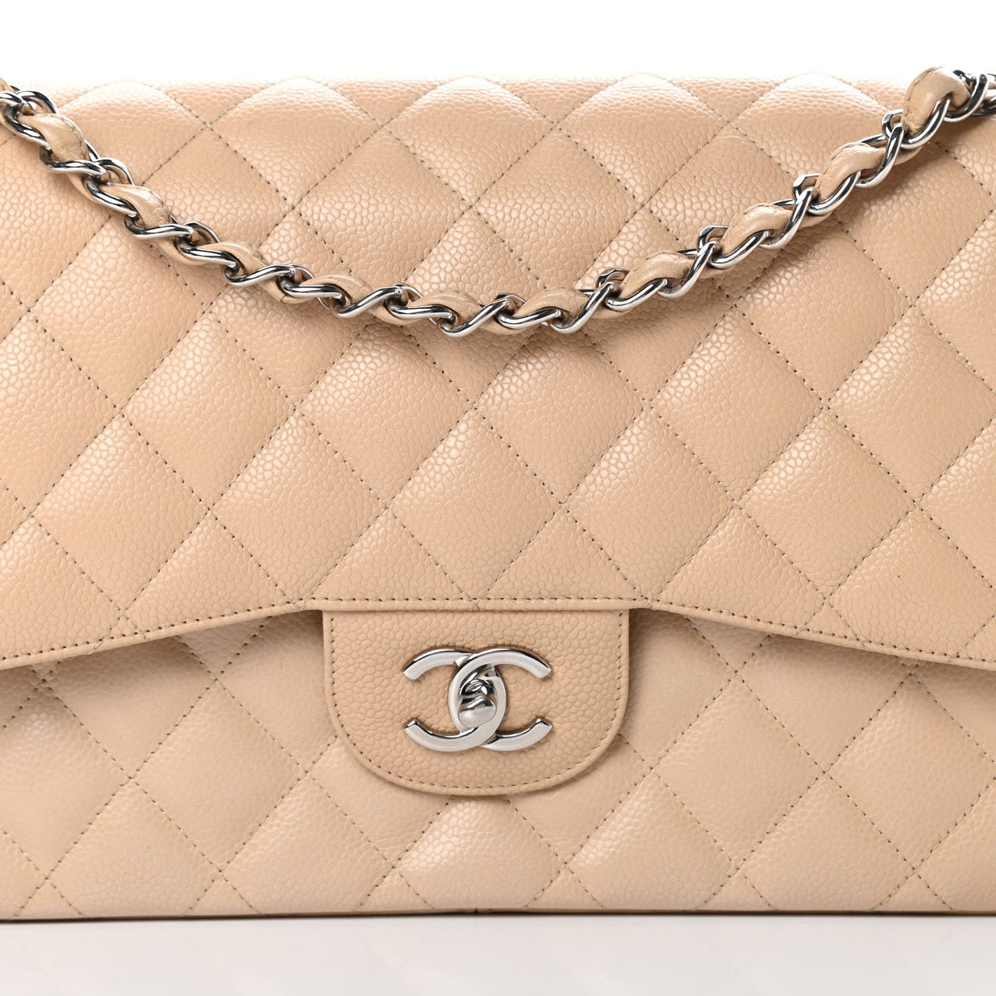 Caviar Quilted Jumbo Double Flap Beige Clair