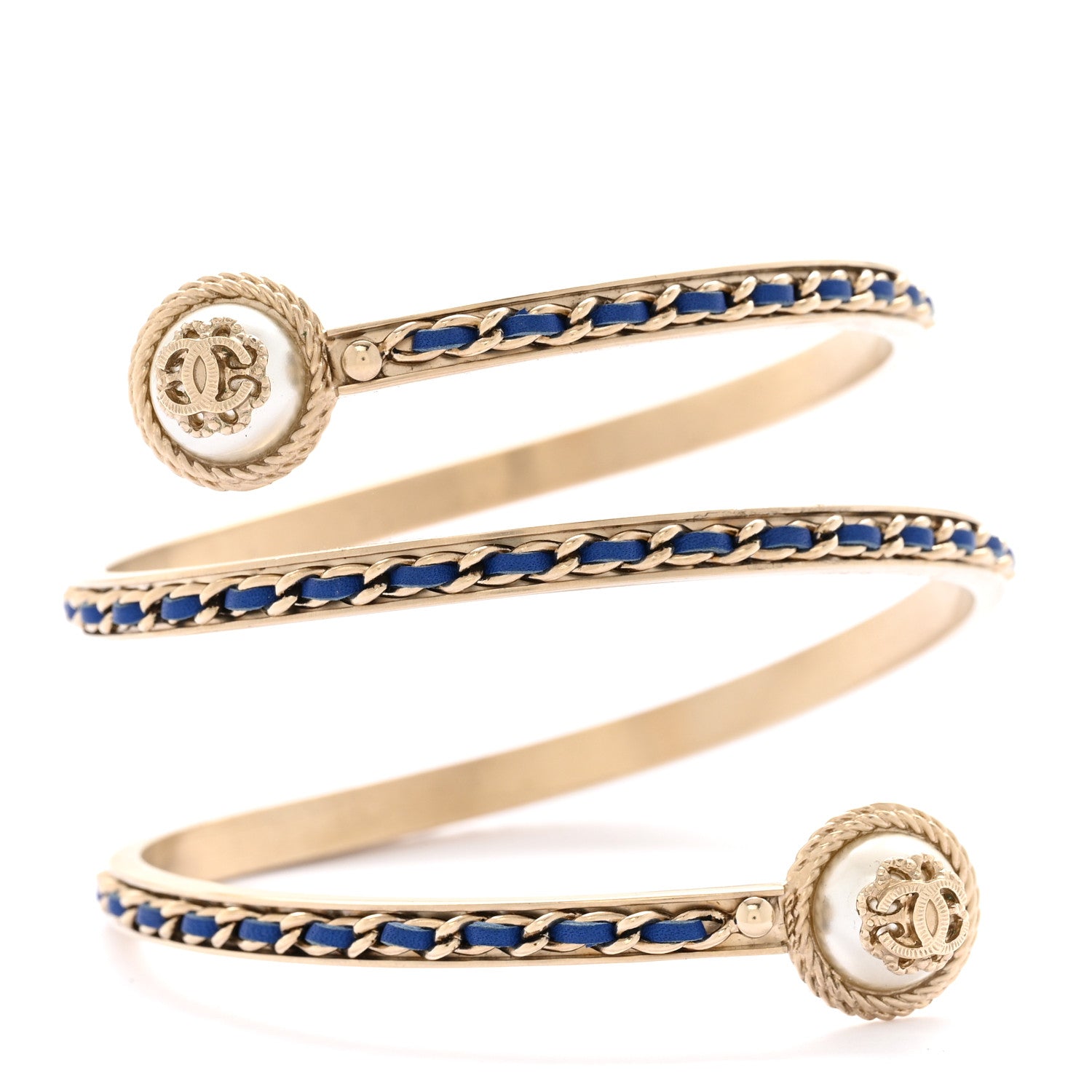Chanel Lambskin Pearl Twist CC Bangle Bracelet M Gold Blue 1 of 6
