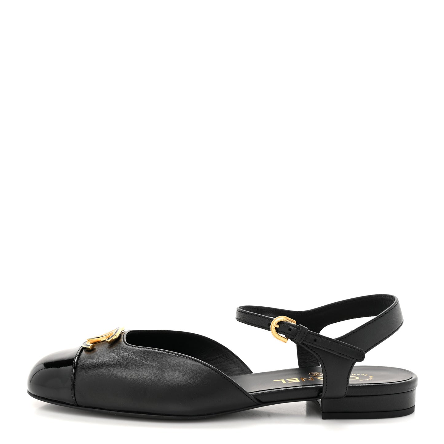 Lambskin Patent Cap Toe Crystal Enamel CC Mary Jane Slingback Flats 39 Black