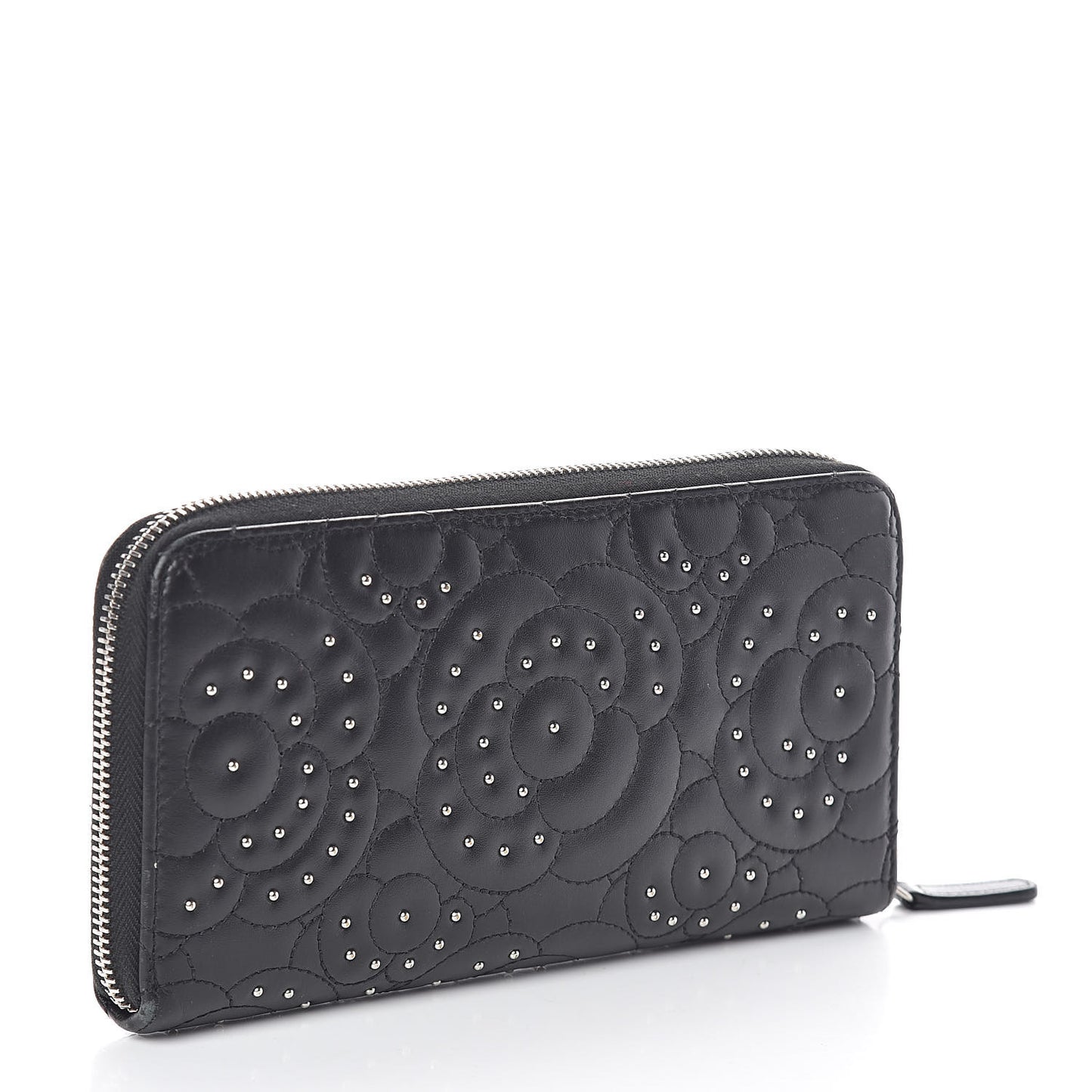 Lambskin Camellia Studded Large Gusset Zip Around Wallet Black