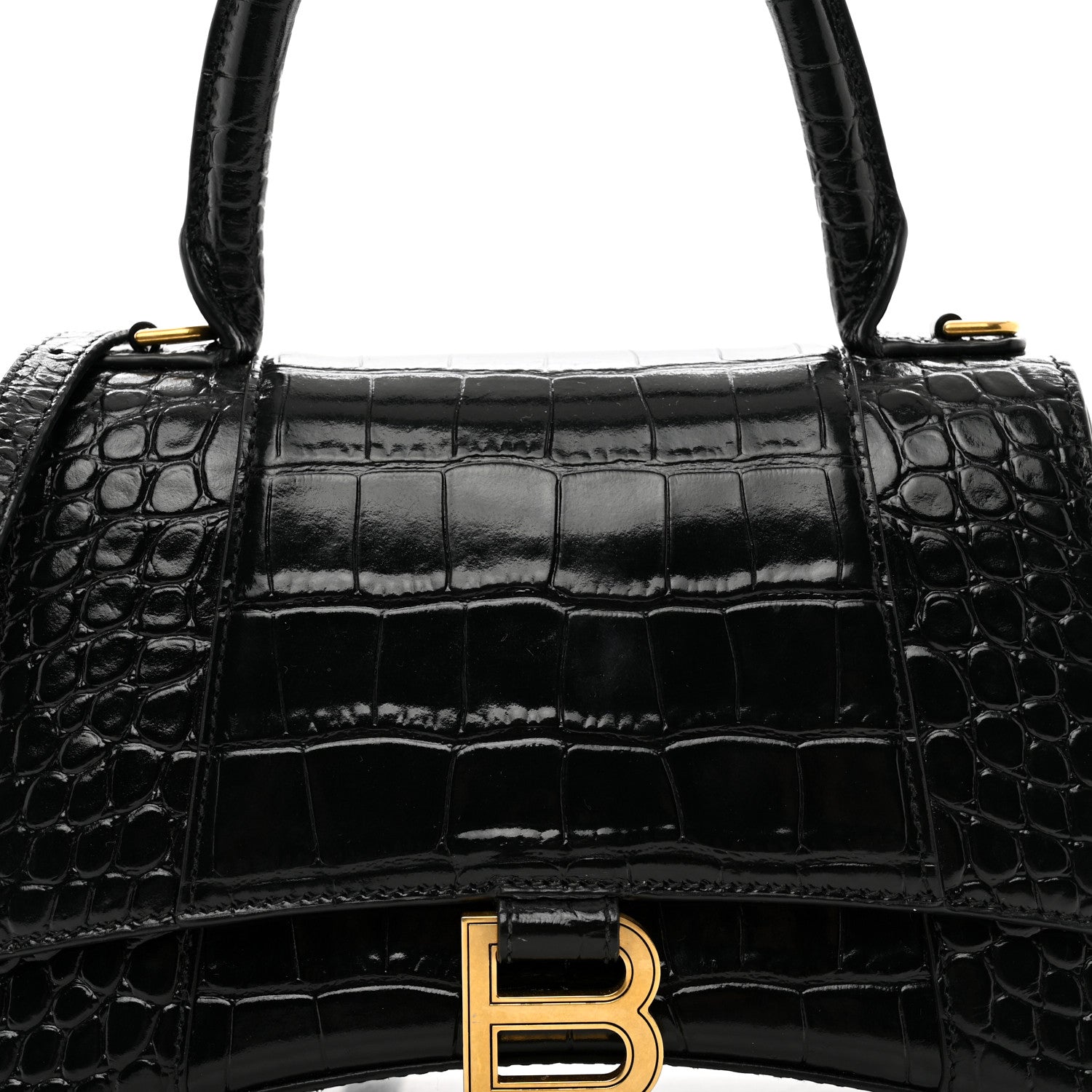 Balenciaga Shiny Calfskin Crocodile Embossed Small Hourglass Top Handle Bag Black 7 of 9