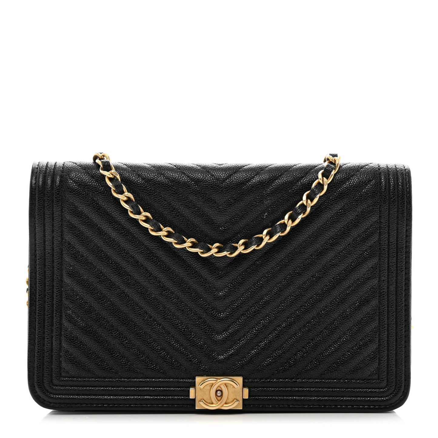 Caviar Chevron Quilted Boy Wallet On Chain WOC Black