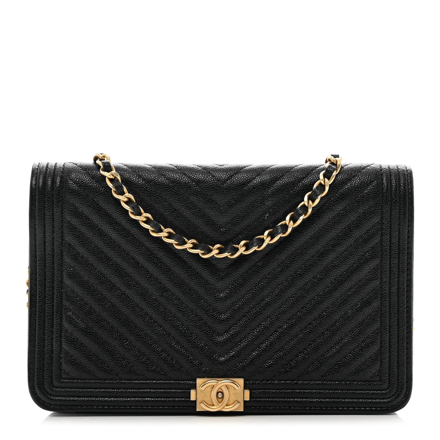 Chanel Caviar Chevron Quilted Boy Wallet On Chain WOC Black 1 of 11