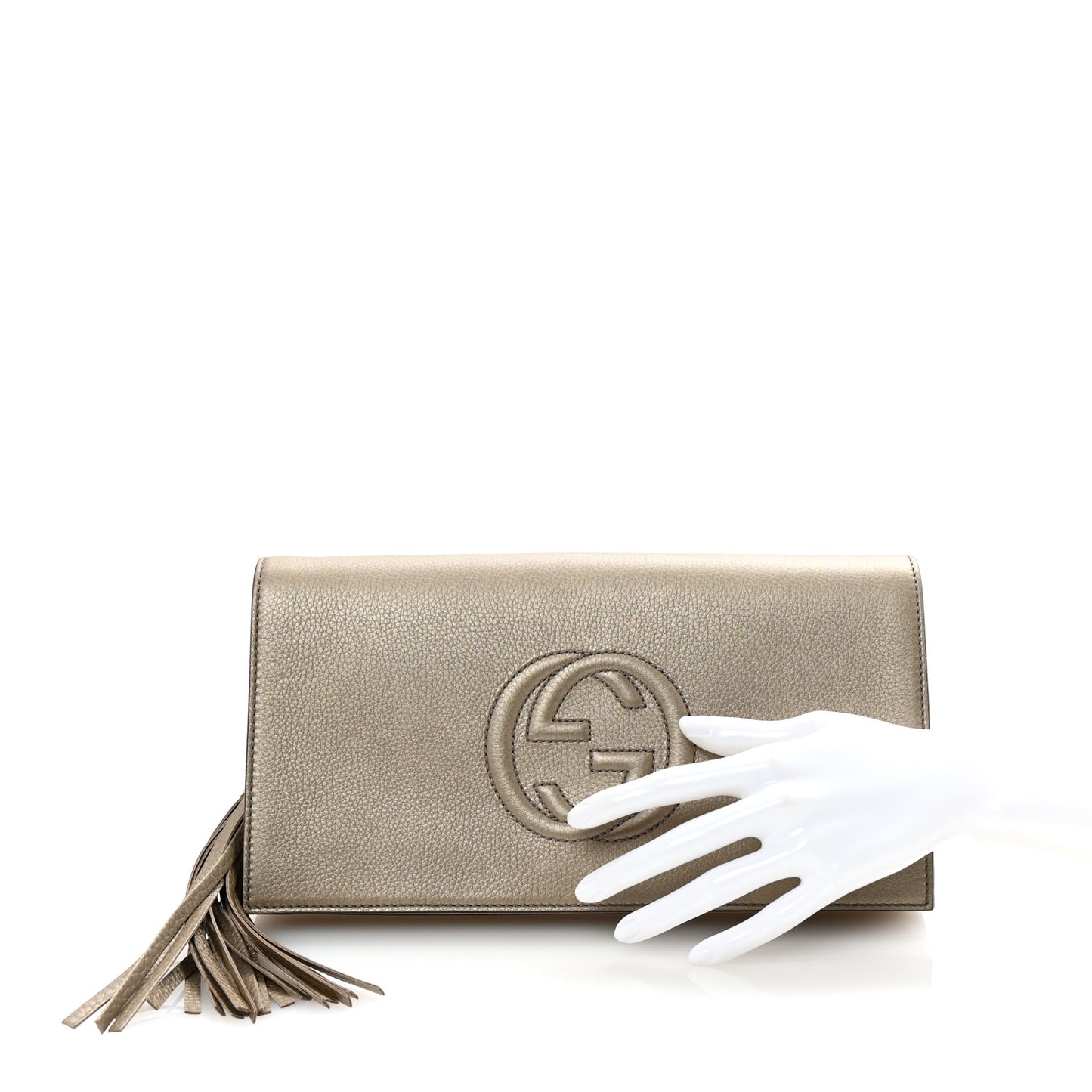 Metallic Pebbled Calfskin Medium Soho Clutch Golden Beige