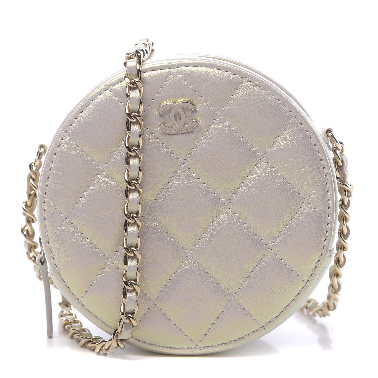 Iridescent Lambskin Quilted Round Clutch With Chain Ivory