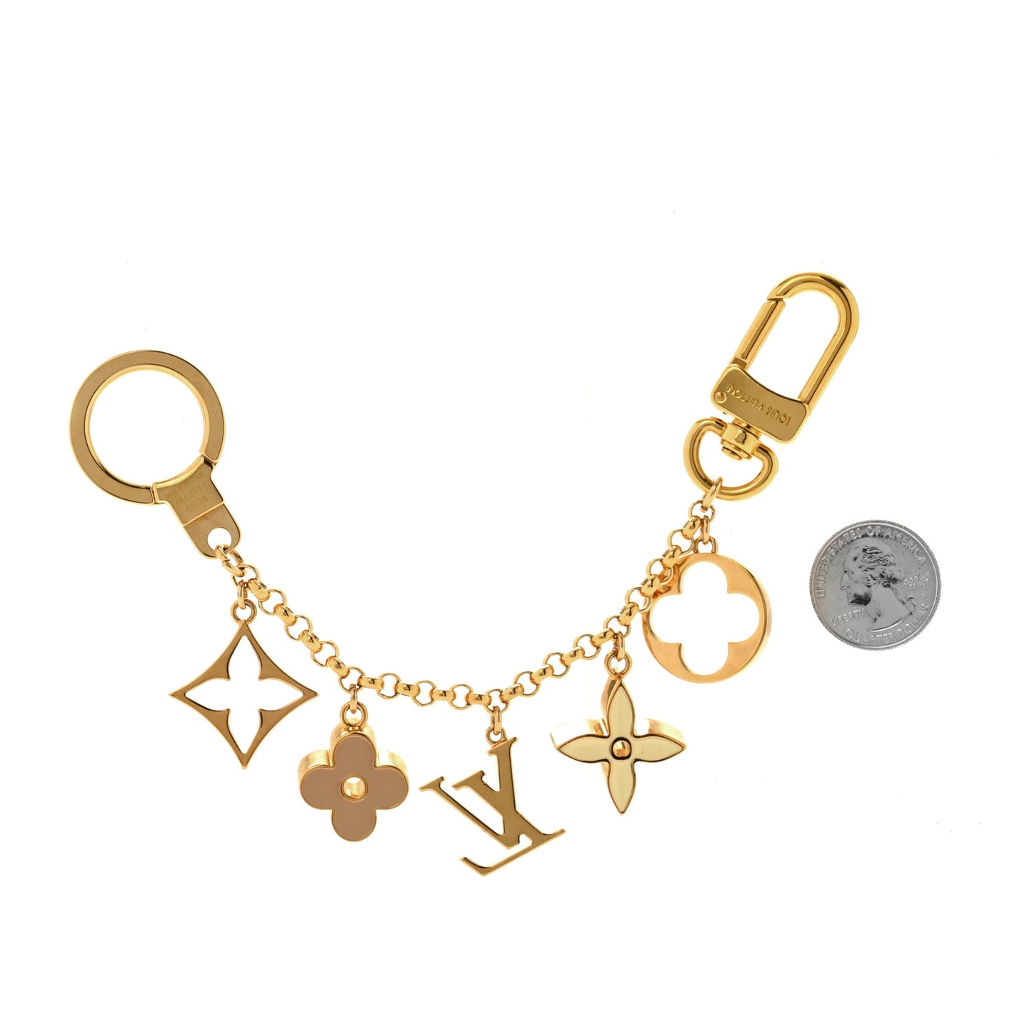 Brass Enamel Fleur De Monogram Bag Charm Chain Gold