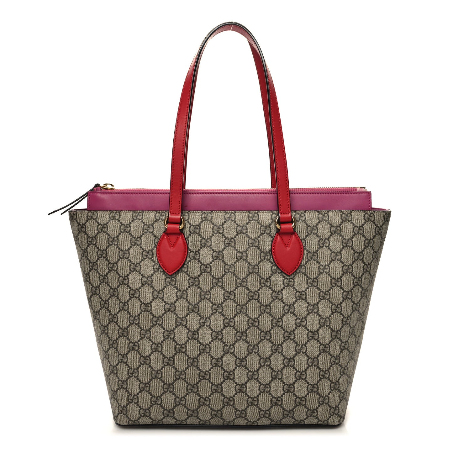 GG Supreme Monogram Medium Zippered Bucket Tote Beige Hibiscus Red New Rosette