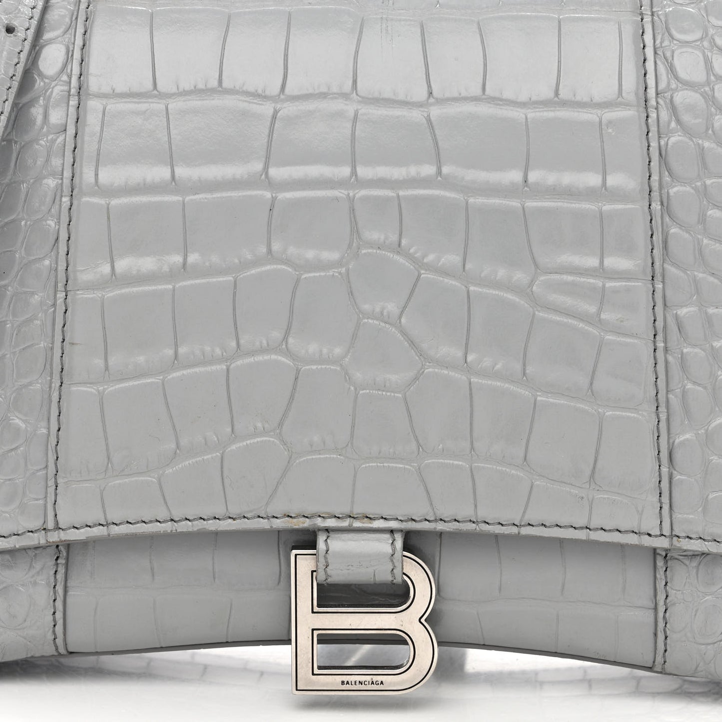 Shiny Calfskin Crocodile Embossed Medium Hourglass Top Handle Bag Balenciaga Grey